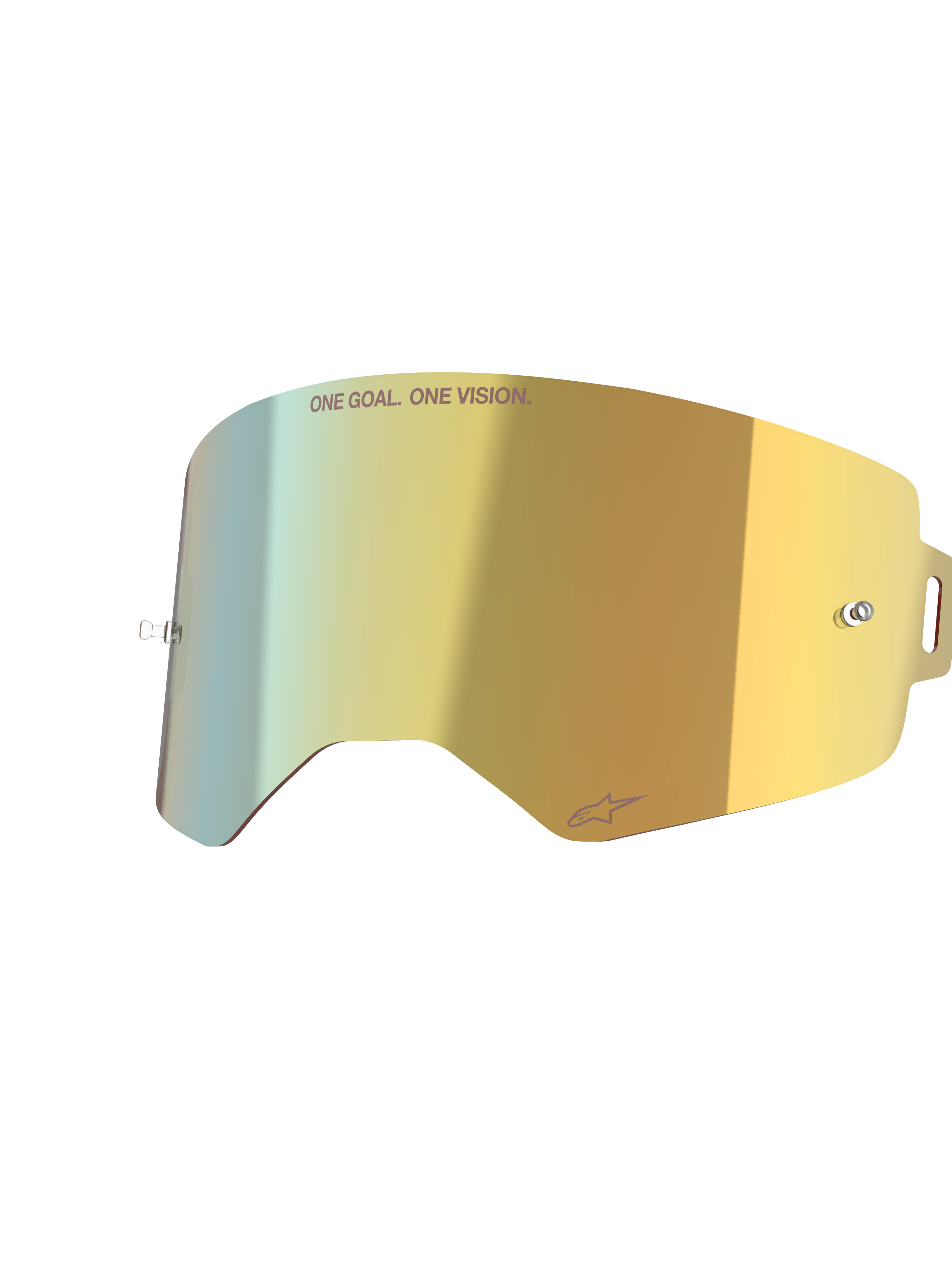 Alpinestars Supertech Spiegellens, Mirror Gold, reflecterende vervangende brillens met geïntegreerde tear-off posts en 'ONE GOAL. ONE VISION.' tekst, hoogwaardig motorcross accessoire.