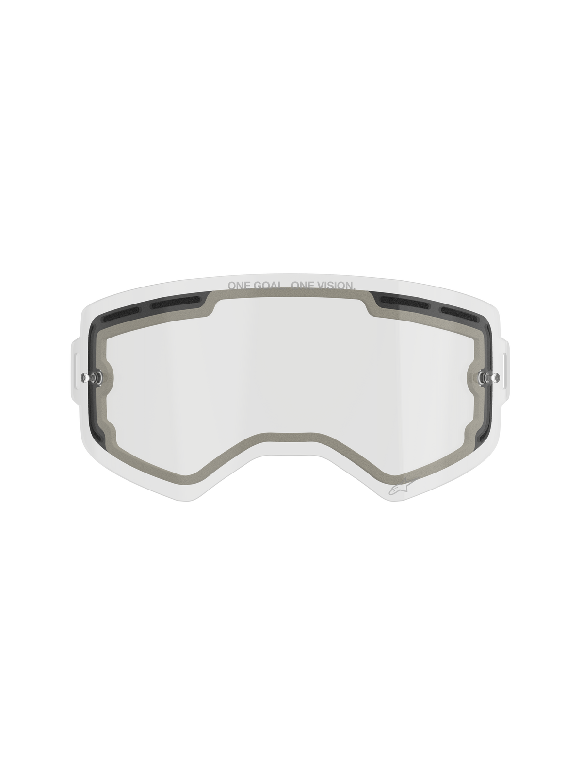 Alpinestars Supertech Double Pane Lens, vervangingslens voor motocrossbril, helder, geventileerd ontwerp met grijze schuimafdichtingen, voorzien van 'ONE GOAL. ONE VISION.' branding op de bovenrand, gebogen anti-condens polycarbonaat voor off-road gebruik.
