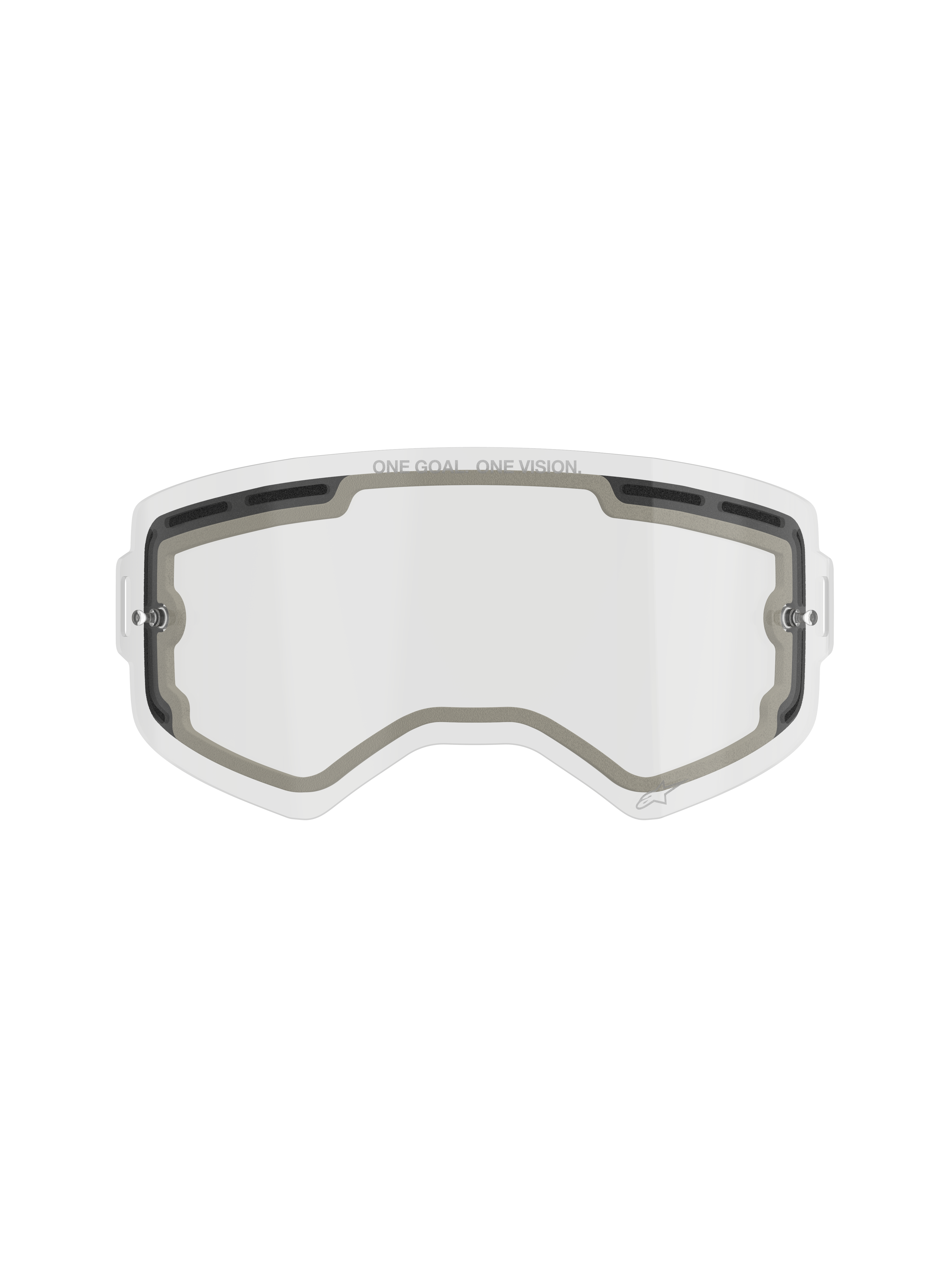 Alpinestars Supertech Double Pane Lens, vervangingslens voor motocrossbril, helder, geventileerd ontwerp met grijze schuimafdichtingen, voorzien van 'ONE GOAL. ONE VISION.' branding op de bovenrand, gebogen anti-condens polycarbonaat voor off-road gebruik.