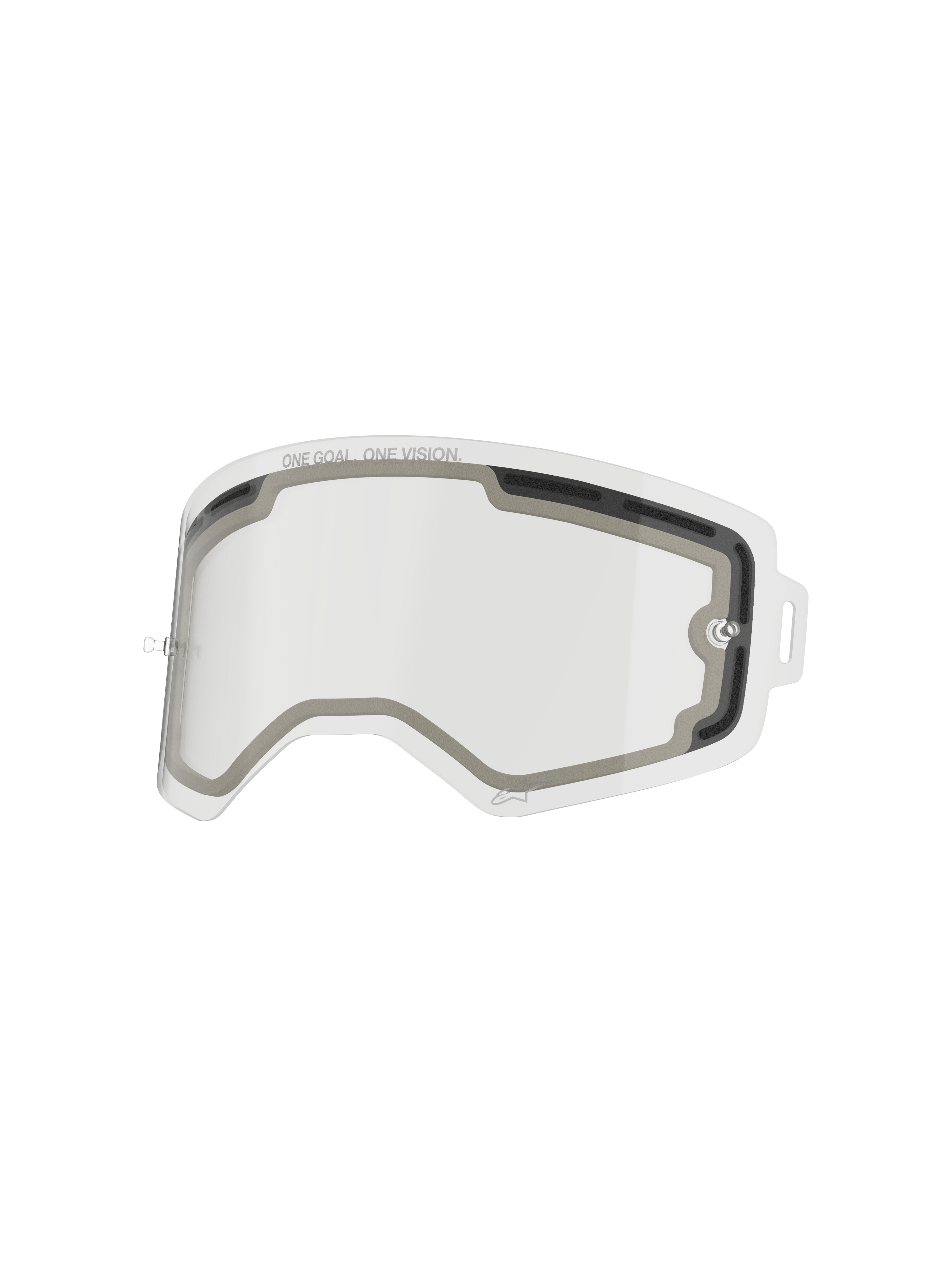 Alpinestars Supertech dubbelgelaagde lens, heldere vervangende lens voor crossbril, geventileerd dubbelwandig ontwerp met grijze schuimafdichting, voorzien van "ONE GOAL. ONE VISION." tekst, slagvast polycarbonaat voor motorcross prestaties