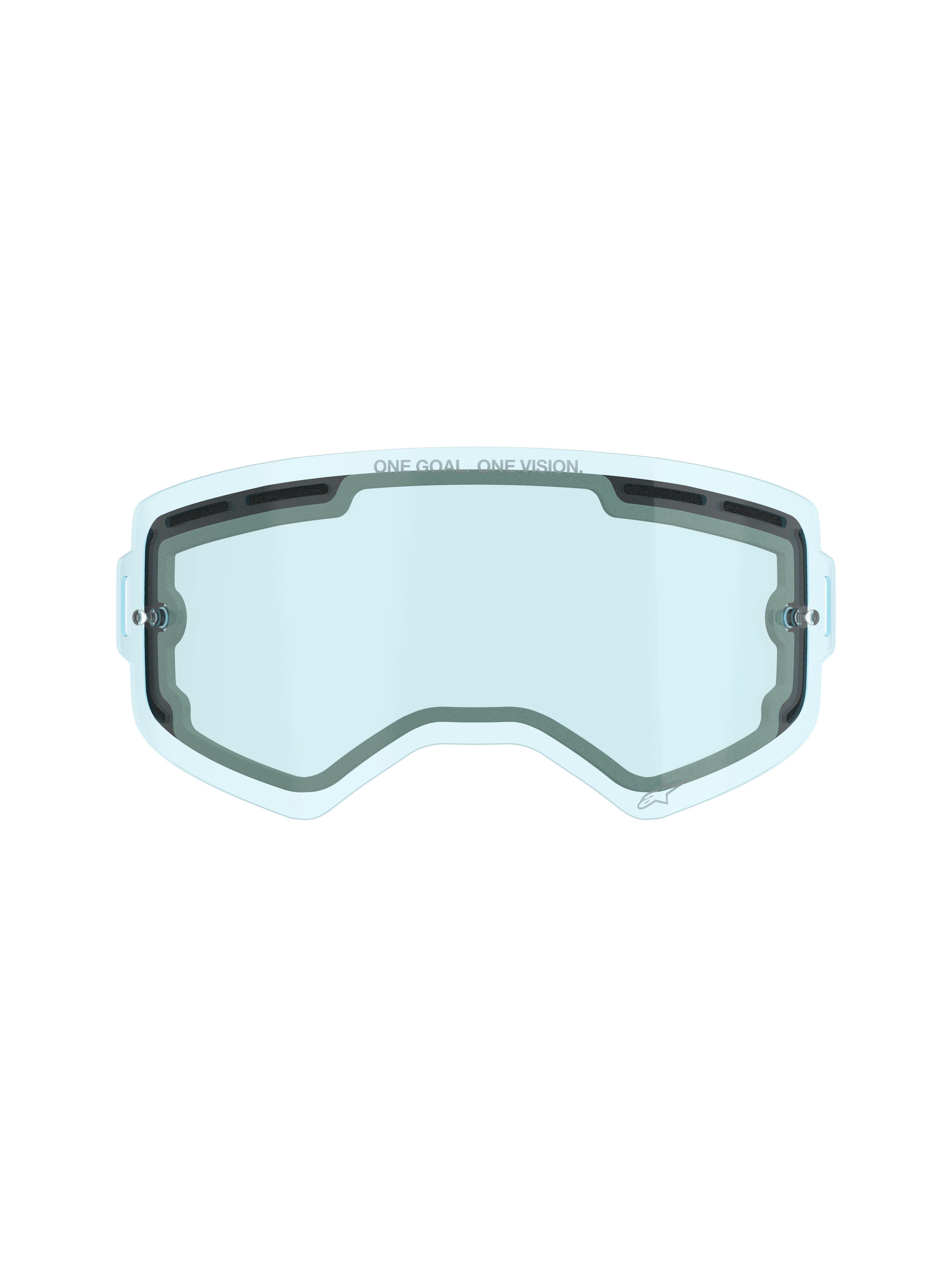 Alpinestars Supertech Dual Pane geventileerde lens, vervangingslens voor motorcrossbril, blauwe tint, dubbele ruit polycarbonaat constructie, zwarte schuimafdichting, ventilatieopeningen aan de boven- en zijkant, 'ONE GOAL. ONE VISION.' opdruk, anti-condens prestaties voor off-road racen
