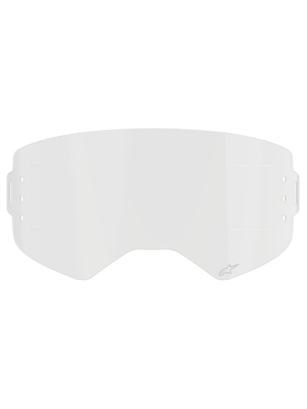 Alpinestars Supertech Roll Off Film, heldere vervangende goggle lens, transparant spuitgegoten polycarbonaat met horizontale Glide Lines, voorzien van een subtiel Alpinestars-logo, ontworpen voor motorcross roll-off systemen