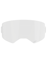 Alpinestars Supertech Roll Off Film, Clear Replacement Goggle Lens, transparent injection-molded polycarbonate with horizontal Glide Lines, featuring subtle Alpinestars logo, designed for motocross roll-off systems