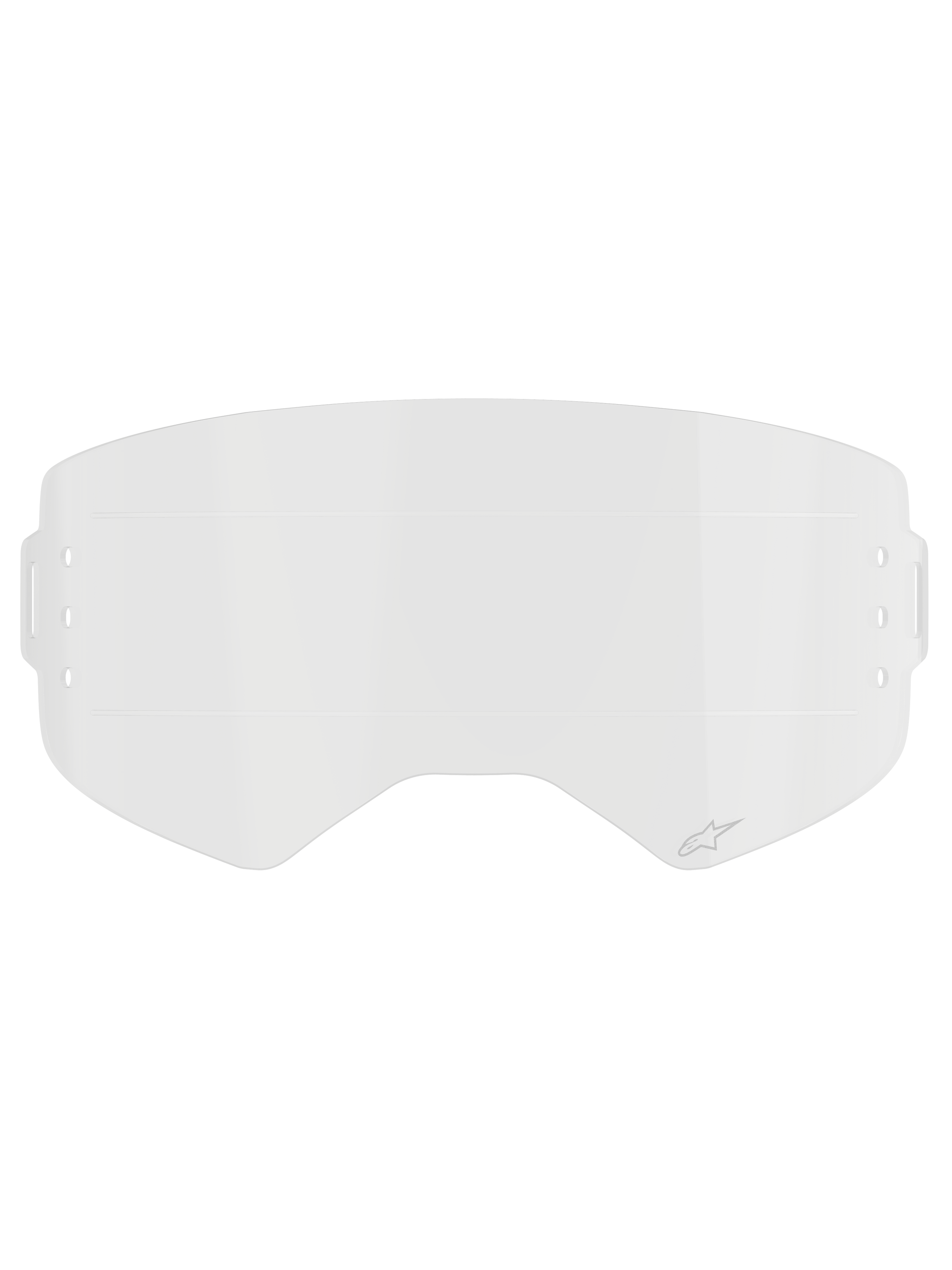 Alpinestars Supertech Roll Off Film, Clear Replacement Goggle Lens, transparent injection-molded polycarbonate with horizontal Glide Lines, featuring subtle Alpinestars logo, designed for motocross roll-off systems