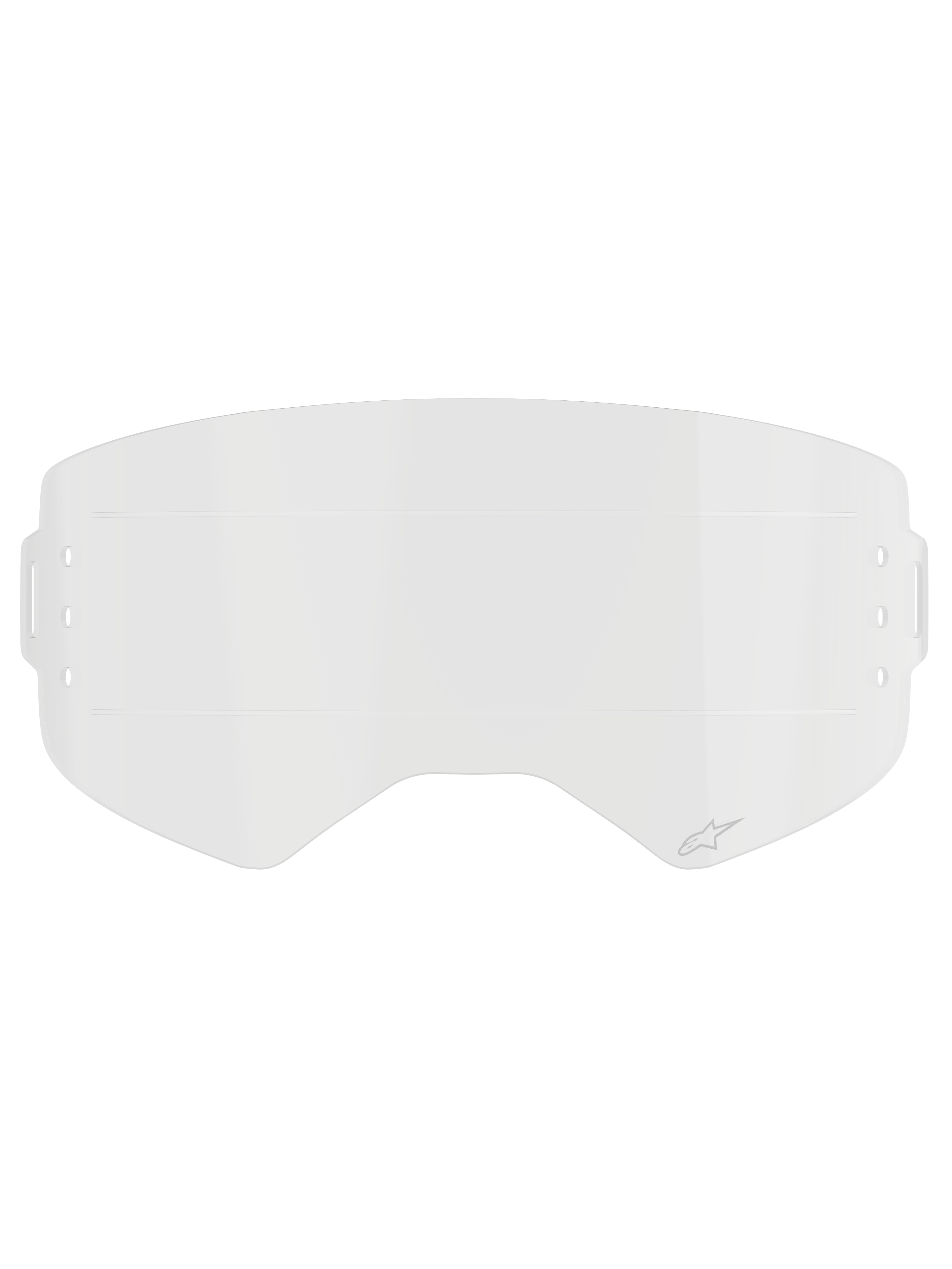 Alpinestars Supertech Roll Off Film, heldere vervangende goggle lens, transparant spuitgegoten polycarbonaat met horizontale Glide Lines, voorzien van een subtiel Alpinestars-logo, ontworpen voor motorcross roll-off systemen