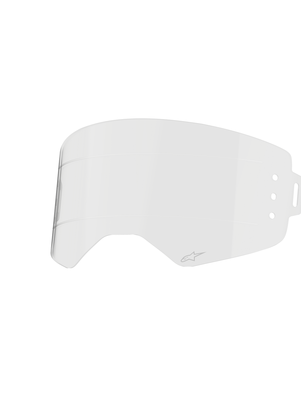 Alpinestars Supertech Roll Off-lens, helder brilaccessoire, transparant spuitgegoten polycarbonaat met horizontale glide lines, voorzien van klein Alpinestars-logo, officieel vervangingsonderdeel voor Supertech Wide Vision-brillen
