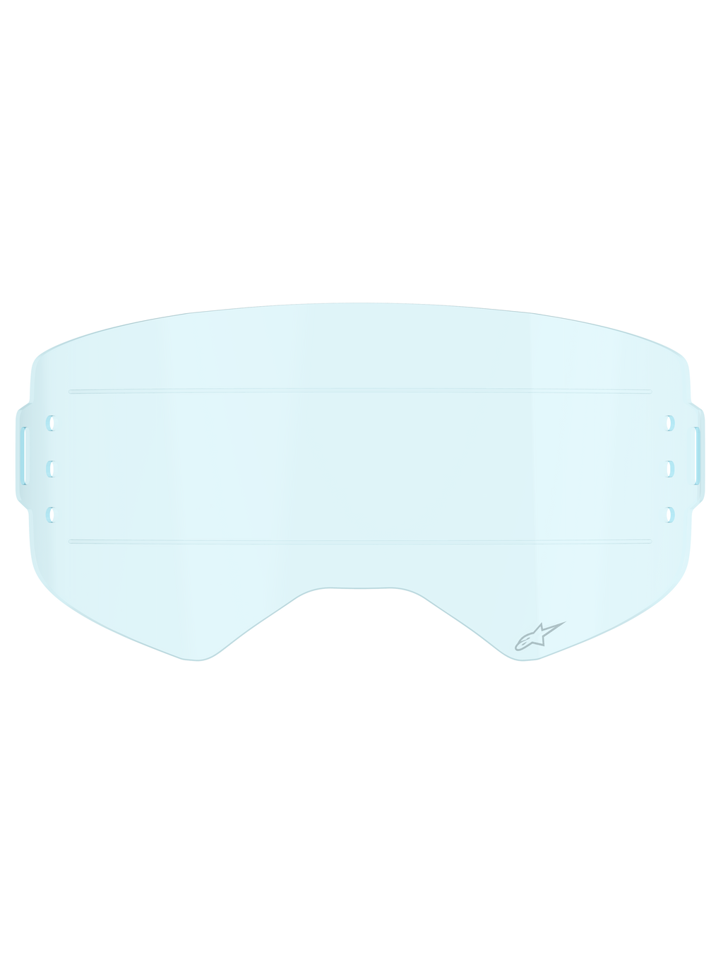Alpinestars Supertech Roll Off-lens, accessoire voor motorcrossbrillen, helder blauw, transparante lichtblauwe polycarbonaat lens met horizontale glide lines voor soepele filmbeweging en montageopeningen aan de zijkant voor roll-off systemen.