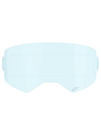 Alpinestars Supertech Roll Off-lens, accessoire voor motorcrossbrillen, helder blauw, transparante lichtblauwe polycarbonaat lens met horizontale glide lines voor soepele filmbeweging en montageopeningen aan de zijkant voor roll-off systemen.
