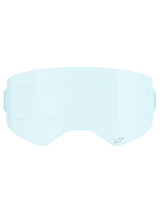 Alpinestars Supertech Roll Off Lens, Motocross Goggle Accessory, Clear Blue, transparent light blue polycarbonate lens featuring horizontal glide lines for smooth film movement and side mounting slots for roll-off systems.