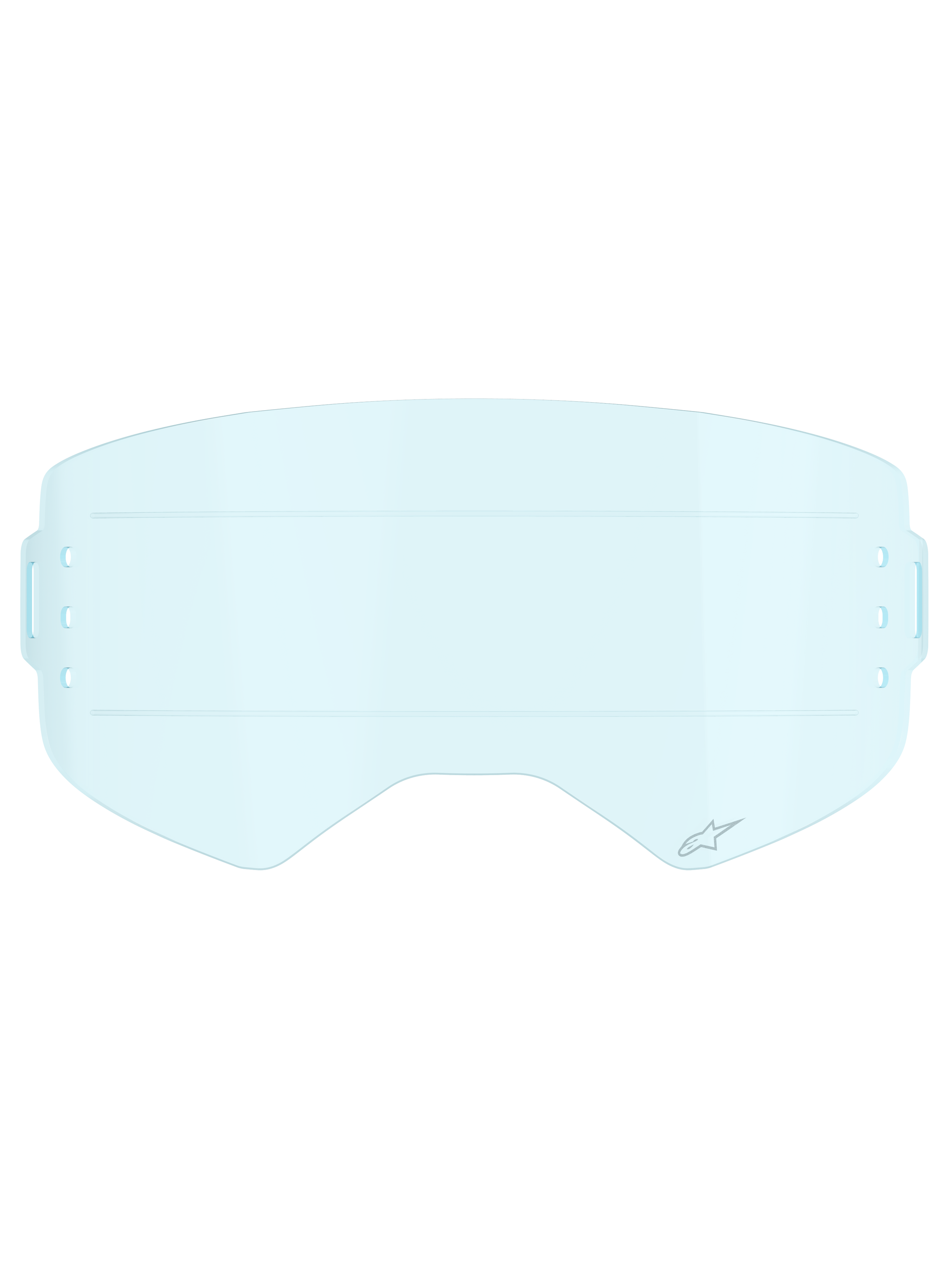 Alpinestars Supertech Roll Off Lens, Motocross Goggle Accessory, Clear Blue, transparent light blue polycarbonate lens featuring horizontal glide lines for smooth film movement and side mounting slots for roll-off systems.