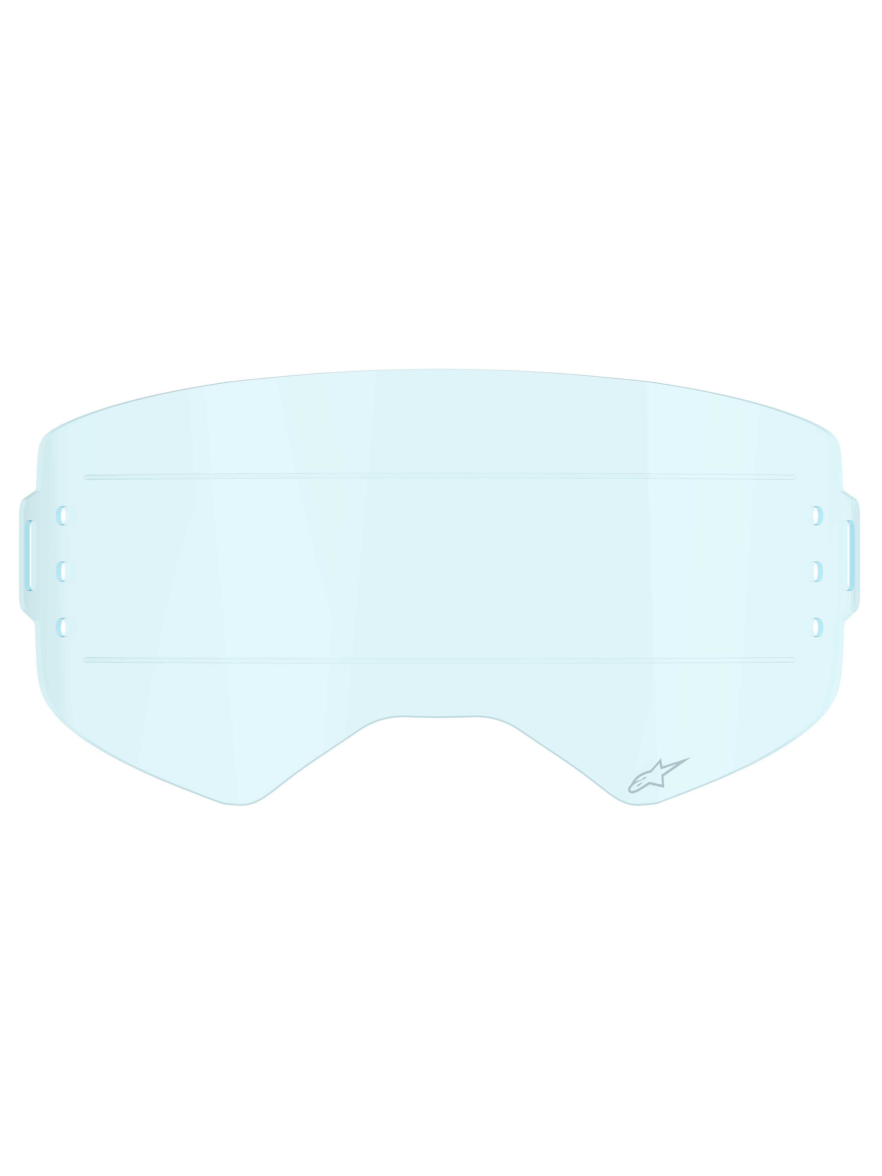 Alpinestars Supertech Roll Off-lens, accessoire voor motorcrossbrillen, helder blauw, transparante lichtblauwe polycarbonaat lens met horizontale glide lines voor soepele filmbeweging en montageopeningen aan de zijkant voor roll-off systemen.