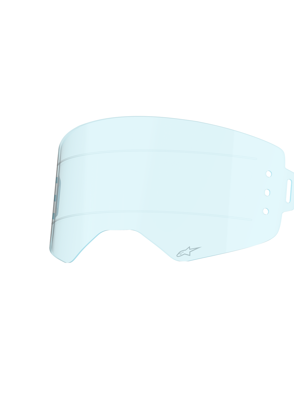 Alpinestars Supertech Wide Vision Roll-Off lens, Clear Blue tint, spuitgegoten polycarbonaat constructie, met horizontale siliconen glijlijnen en A-star logo, vervangingslens voor motorcrossbrillen ontworpen voor off-road zichtbaarheid