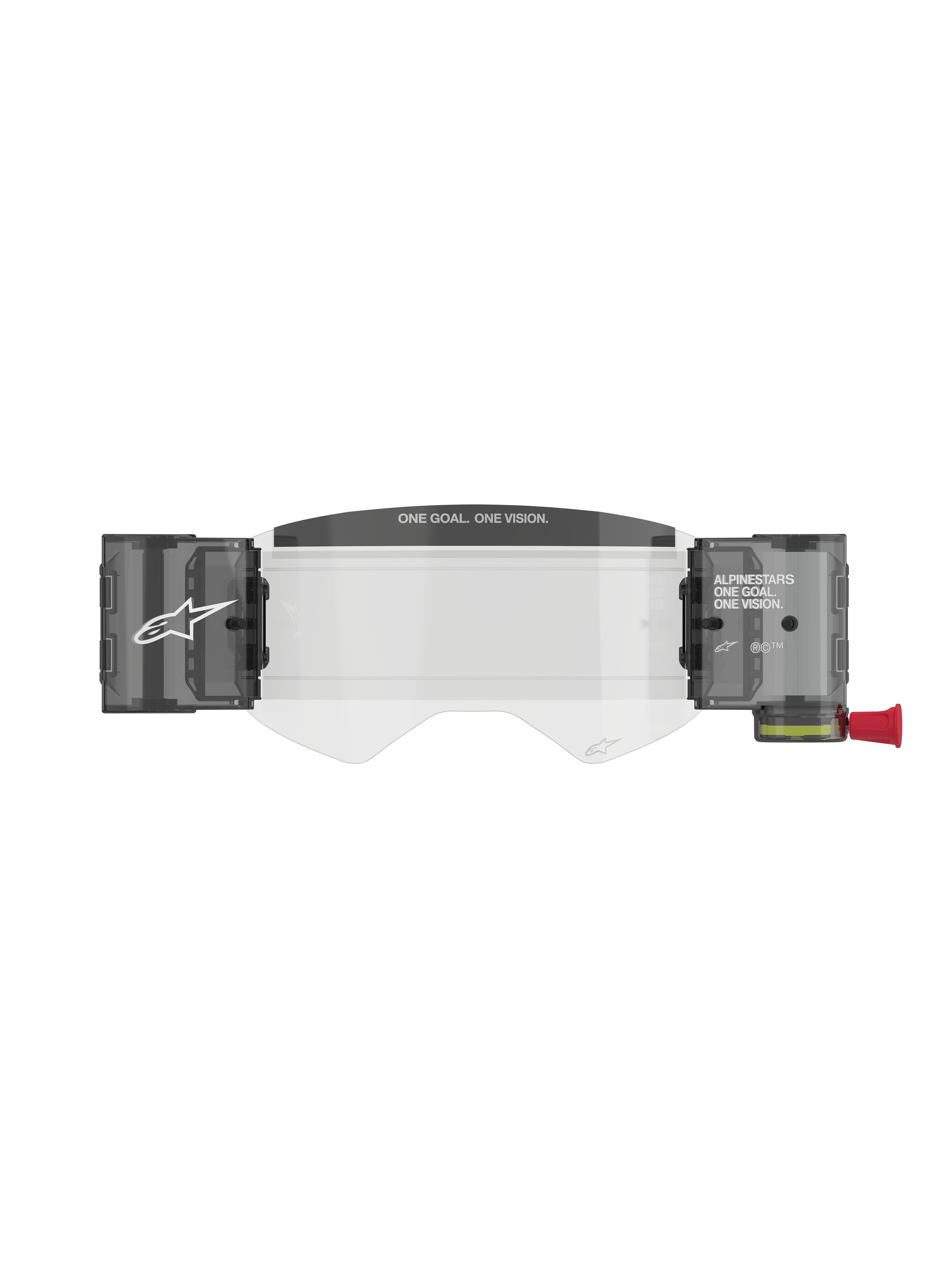 Alpinestars Supertech Roll Off Kit Wide Vision, motorcross bril-accessoire, transparante spuitgegoten lens met geïntegreerde rookkleurige roll-off canisters, voorzien van 'ONE GOAL. ONE VISION.' tekst op de moddervisor en een rode trekknop.