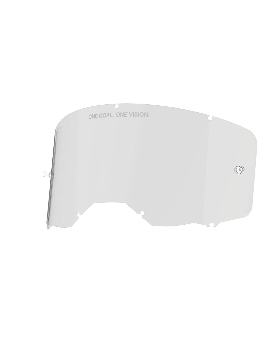 Alpinestars Vision 8-5-3 lens, heldere lens voor motorcrossbril, transparant, voorzien van geïntegreerde tear-off posts en zeven sleutelgat-vergrendelingsinkepingen, "ONE GOAL. ONE VISION." tekst op de bovenrand, duurzame polycarbonaat constructie voor motorcrossbrillen