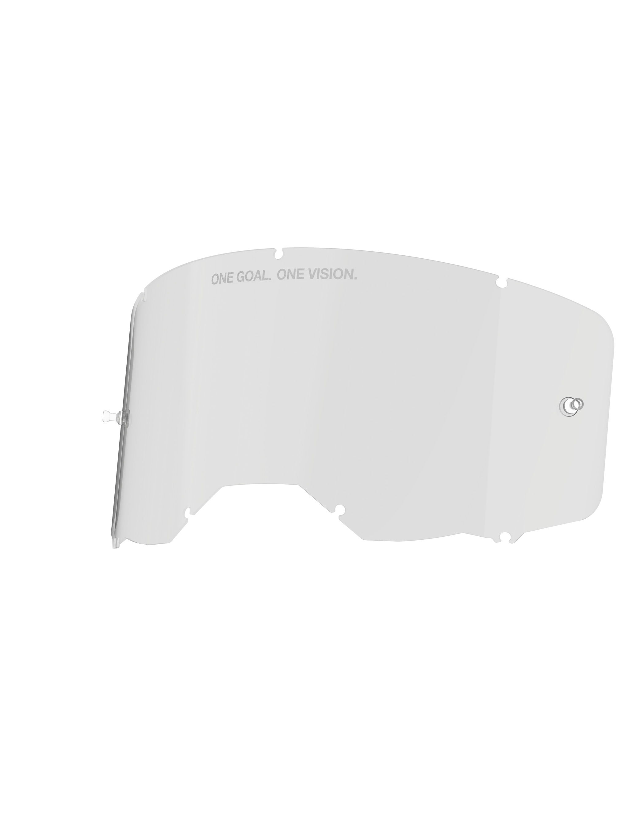 Alpinestars Vision 8-5-3 lens, heldere lens voor motorcrossbril, transparant, voorzien van geïntegreerde tear-off posts en zeven sleutelgat-vergrendelingsinkepingen, "ONE GOAL. ONE VISION." tekst op de bovenrand, duurzame polycarbonaat constructie voor motorcrossbrillen