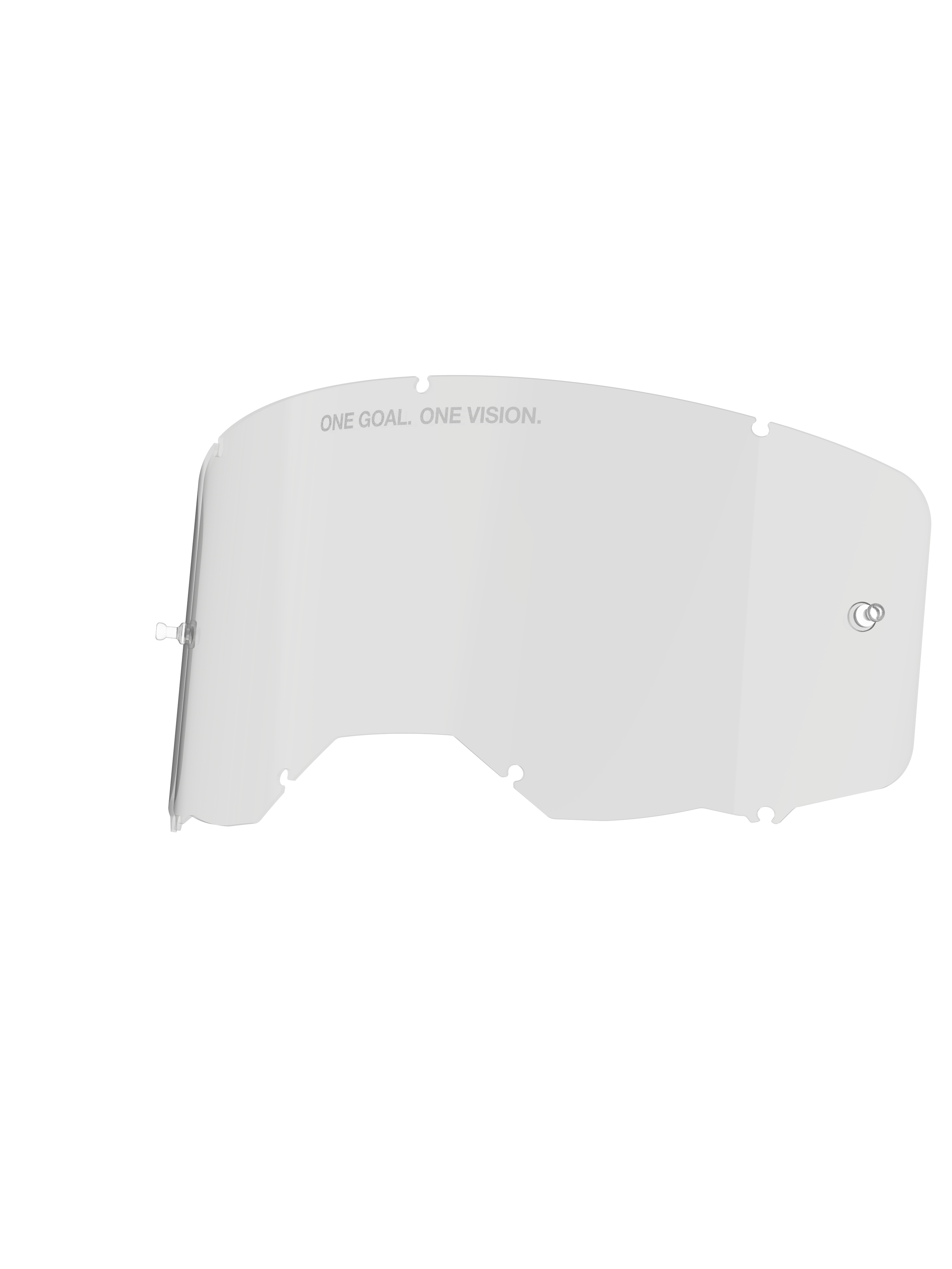 Alpinestars Vision 8-5-3 lens, heldere lens voor motorcrossbril, transparant, voorzien van geïntegreerde tear-off posts en zeven sleutelgat-vergrendelingsinkepingen, "ONE GOAL. ONE VISION." tekst op de bovenrand, duurzame polycarbonaat constructie voor motorcrossbrillen