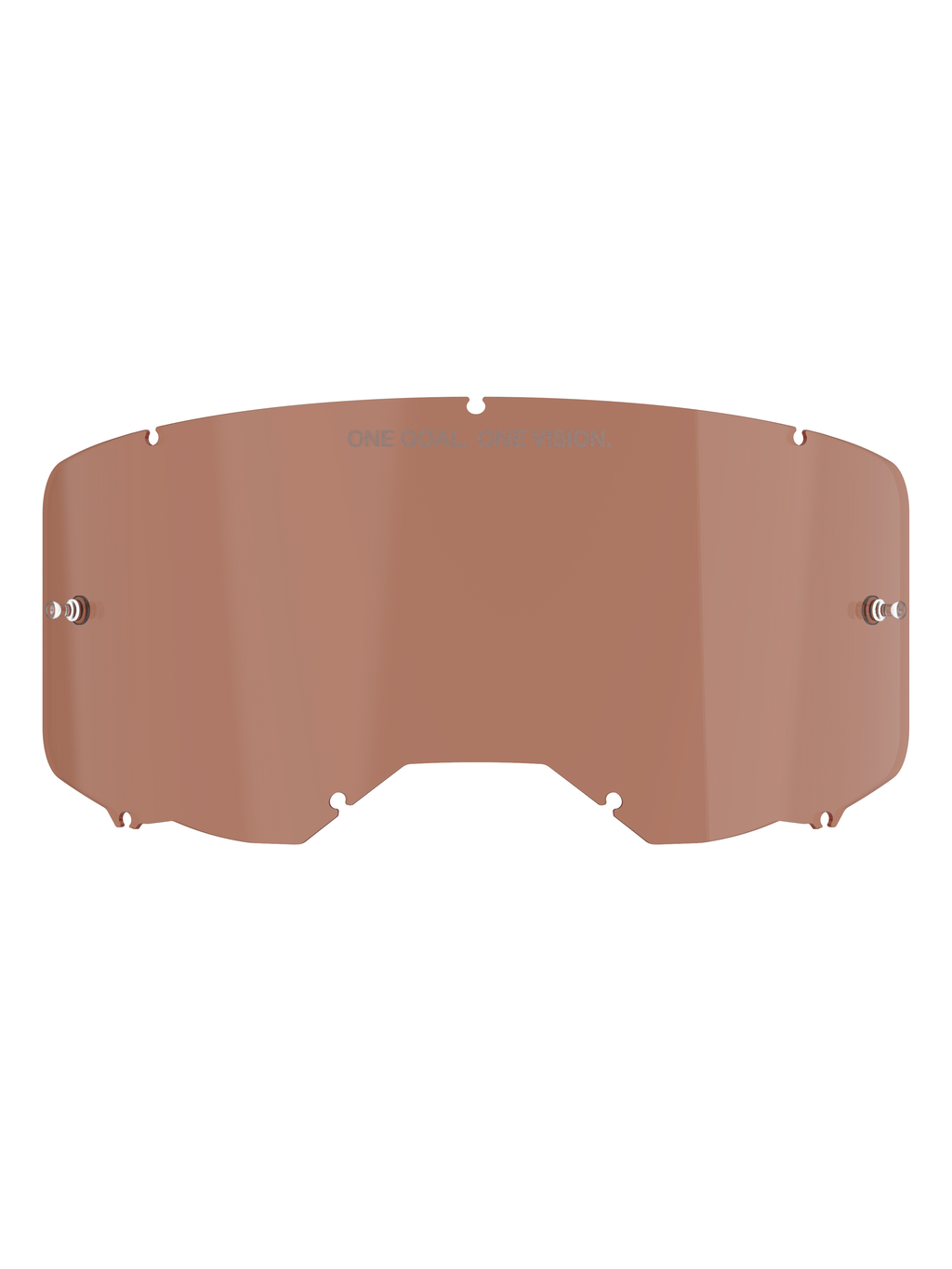 Alpinestars Vision 8-5-3 goggle lens, Copper Rose tint, vervangende motorcross brillens met "ONE GOAL. ONE VISION." tekst, gebogen polycarbonaat ontwerp met tear-off pinnen voor off-road racen