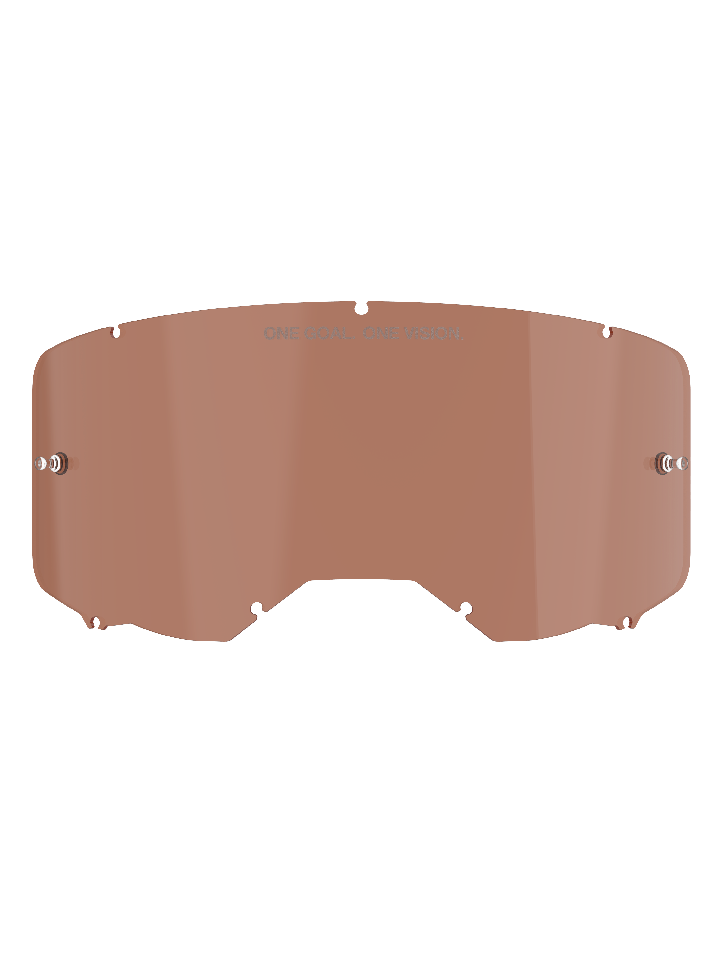 Alpinestars Vision 8-5-3 goggle lens, Copper Rose tint, vervangende motorcross brillens met "ONE GOAL. ONE VISION." tekst, gebogen polycarbonaat ontwerp met tear-off pinnen voor off-road racen