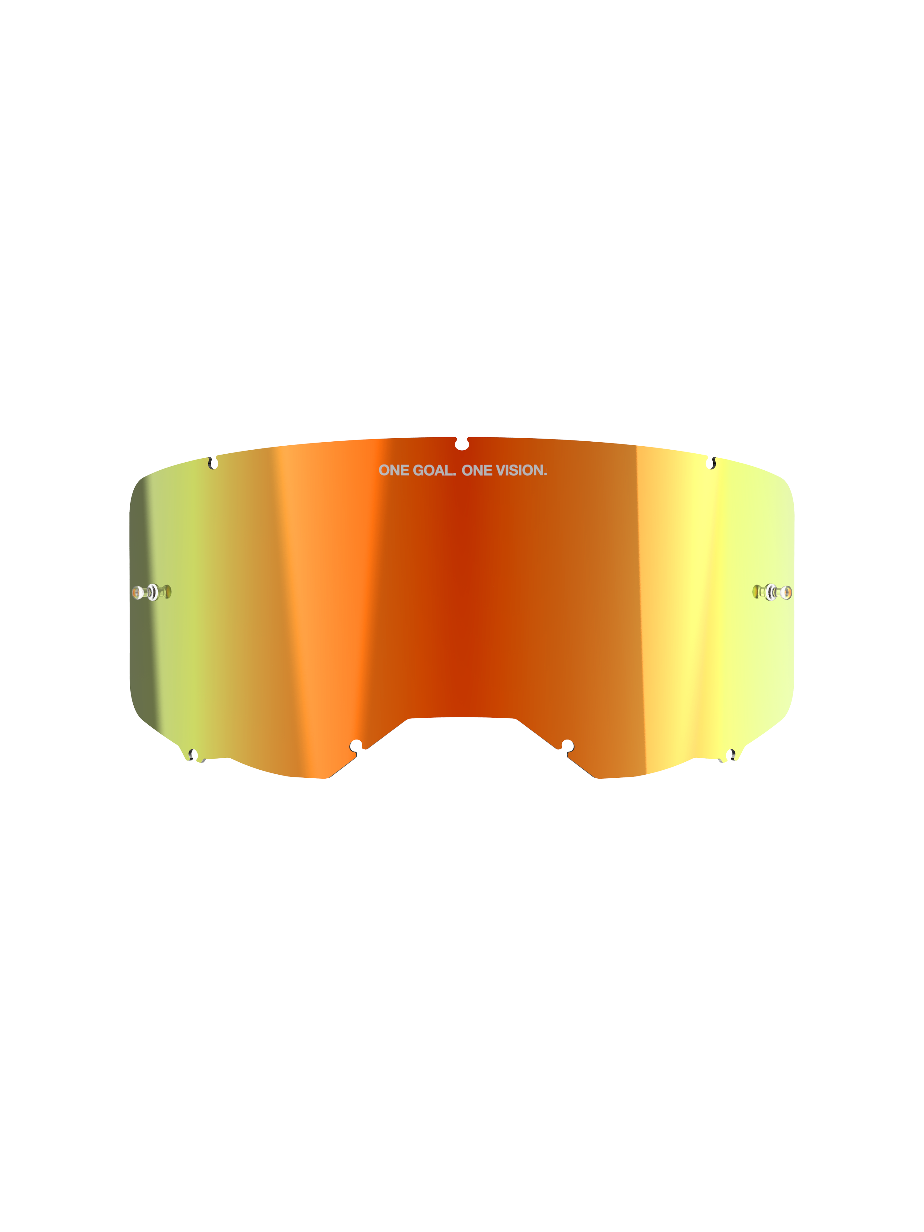 Alpinestars Vision 8-5-3 Mirror Lens, motocrossbril accessoire, Mirror Red-afwerking met een oranje en geel kleurverloop, voorzien van de tekst 'ONE GOAL. ONE VISION.', geïntegreerde tear-off posts en inkepingen aan de randen voor een stevige montage in het frame.