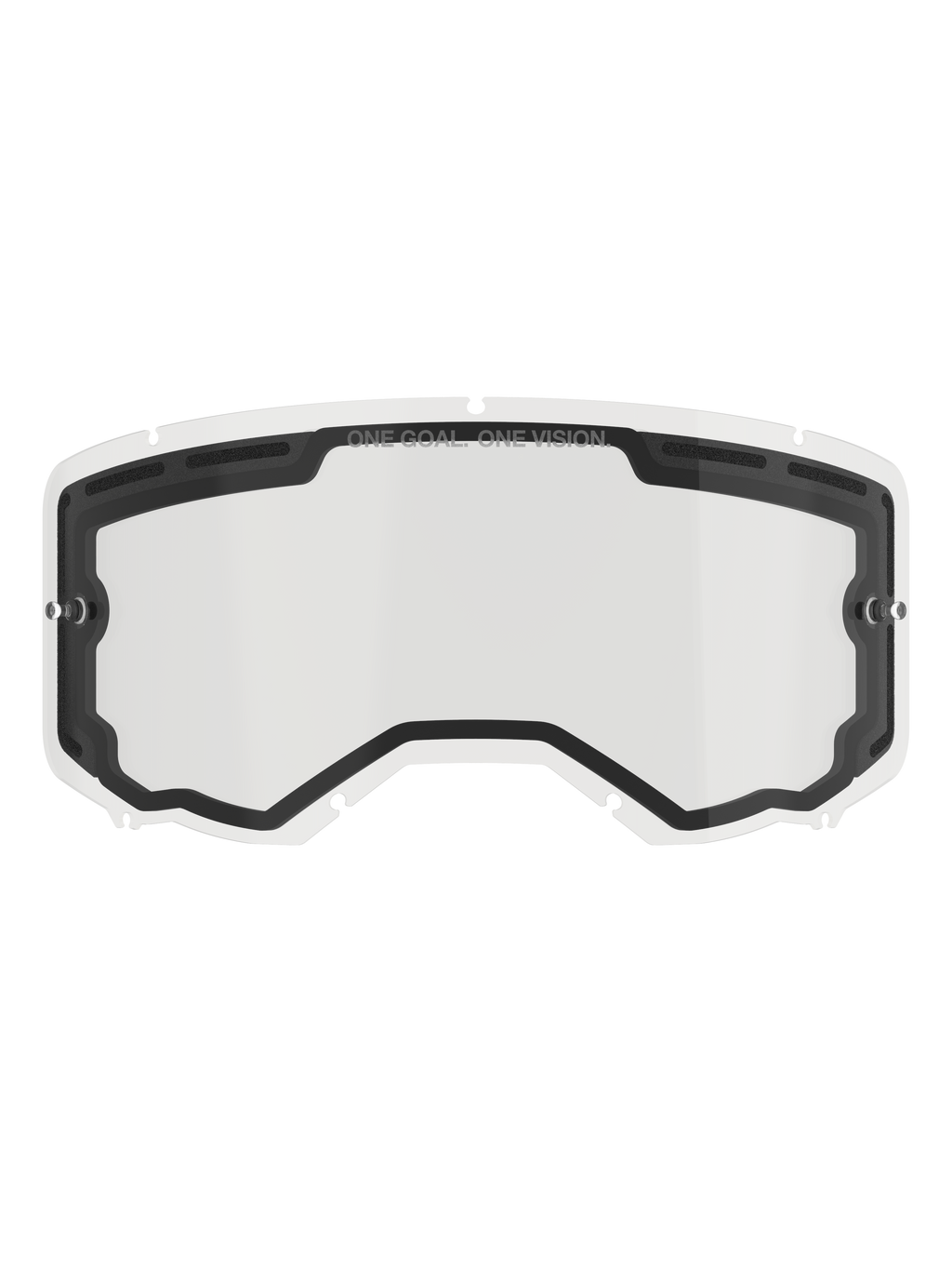 Alpinestars Vision 8-5-3 dubbele lens, transparante vervangingslens voor motorcrossbril, zwarte binnenafdichting met ventilatieopeningen aan de bovenzijde, tear-off-pinnen aan de zijkant, 'ONE GOAL ONE VISION' branding op de bovenrand, off-road race-accessoire