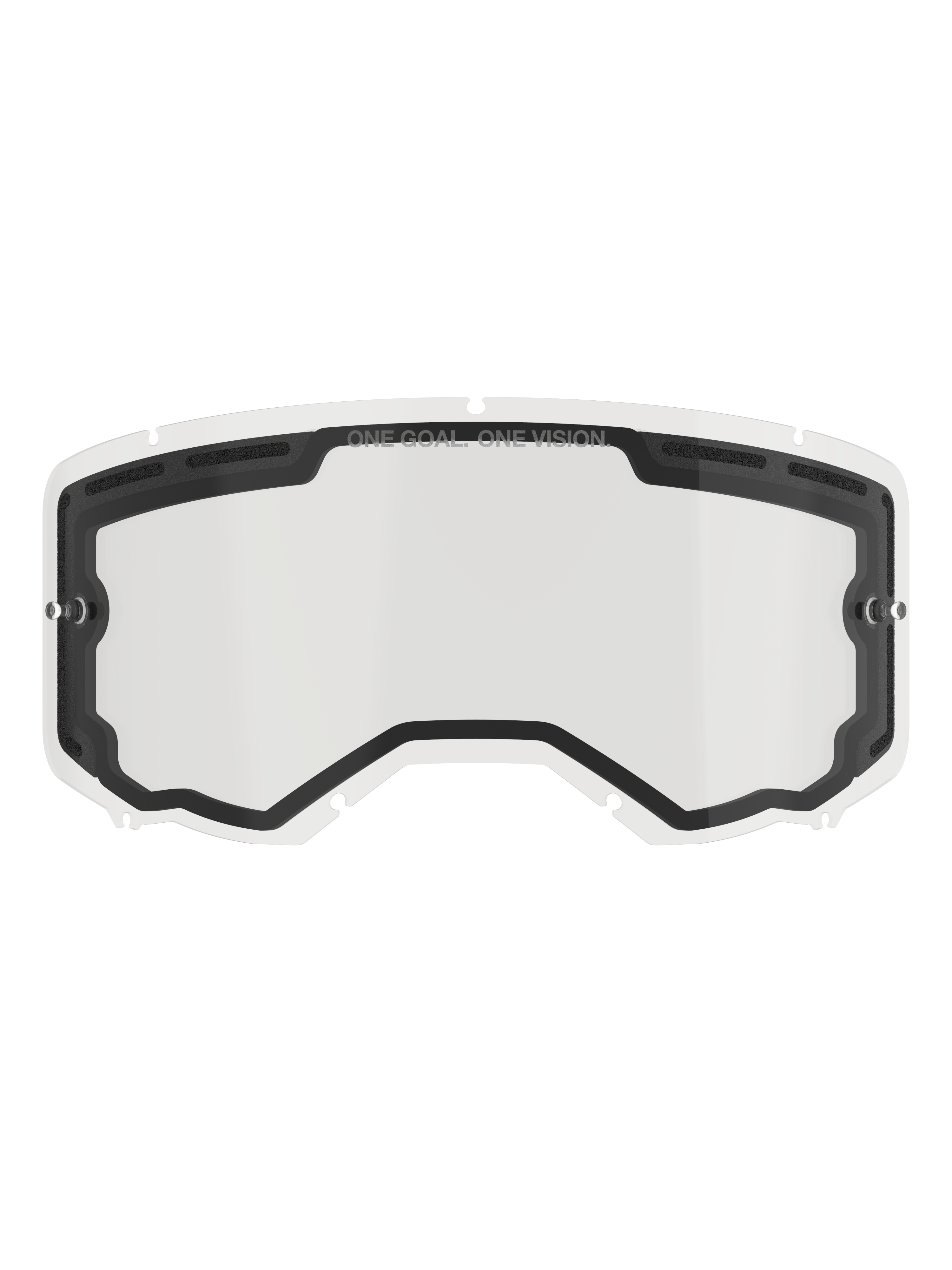 Alpinestars Vision 8-5-3 dubbele lens, transparante vervangingslens voor motorcrossbril, zwarte binnenafdichting met ventilatieopeningen aan de bovenzijde, tear-off-pinnen aan de zijkant, 'ONE GOAL ONE VISION' branding op de bovenrand, off-road race-accessoire