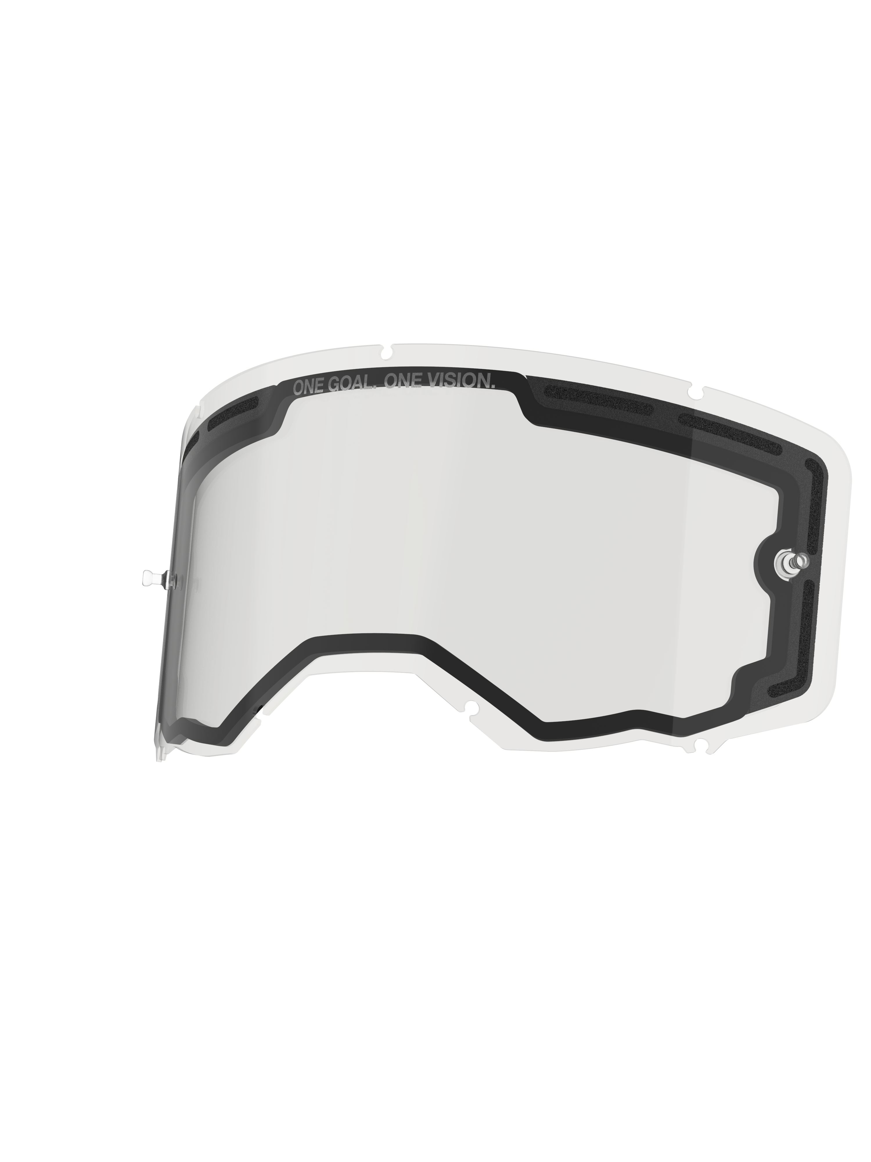 Alpinestars Vision 8-5-3 Lens Dual Pane, heldere vervangingslens voor crossbril, voorzien van dubbelwandige constructie met ventilatieopeningen en schuimvoering, geïntegreerde tear-off posts en zevenpunts sleutelgatvergrendelingssysteem, 'ONE GOAL. ONE VISION.' op de bovenrand