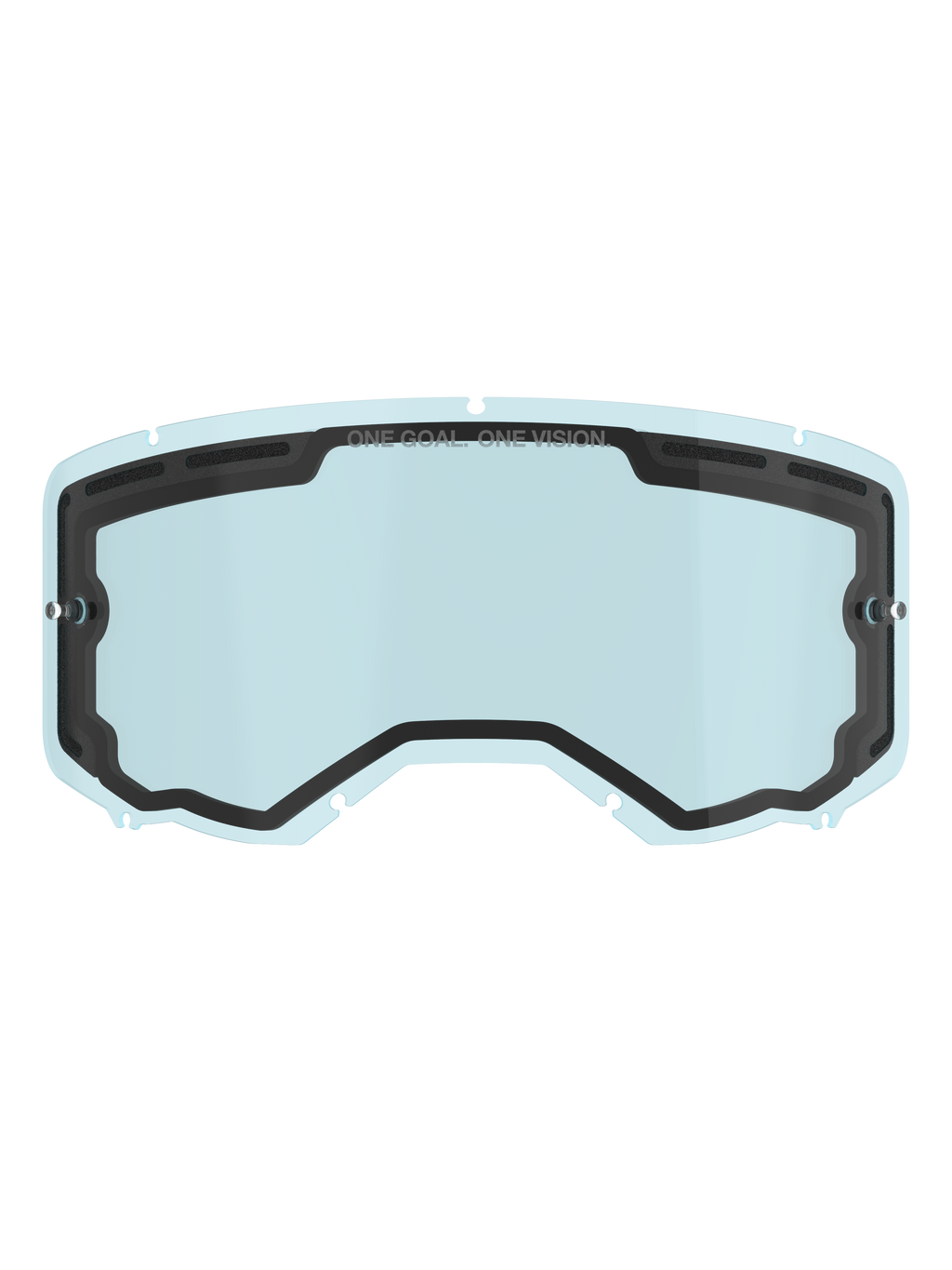 Alpinestars Vision 8-5-3 Dual Pane Lens, lichtblauw getint vervangingsglas voor motorcrossbril, zwarte binnenafdichting met "ONE GOAL. ONE VISION." branding, tear-off posts aan de zijkant, gebogen ontwerp met ventilatie aan de bovenkant voor motorcross en off-road rijden