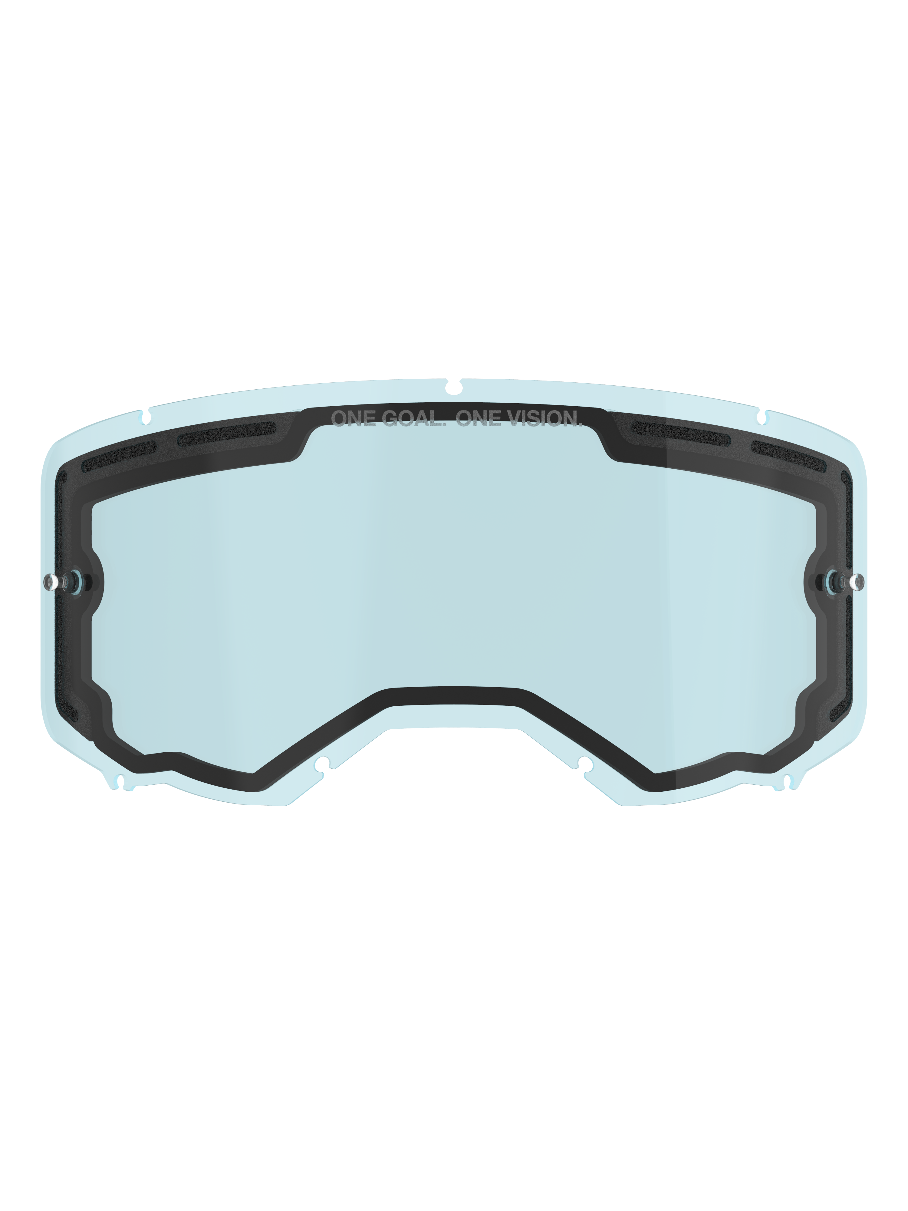 Alpinestars Vision 8-5-3 Dual Pane Lens, lichtblauw getint vervangingsglas voor motorcrossbril, zwarte binnenafdichting met "ONE GOAL. ONE VISION." branding, tear-off posts aan de zijkant, gebogen ontwerp met ventilatie aan de bovenkant voor motorcross en off-road rijden
