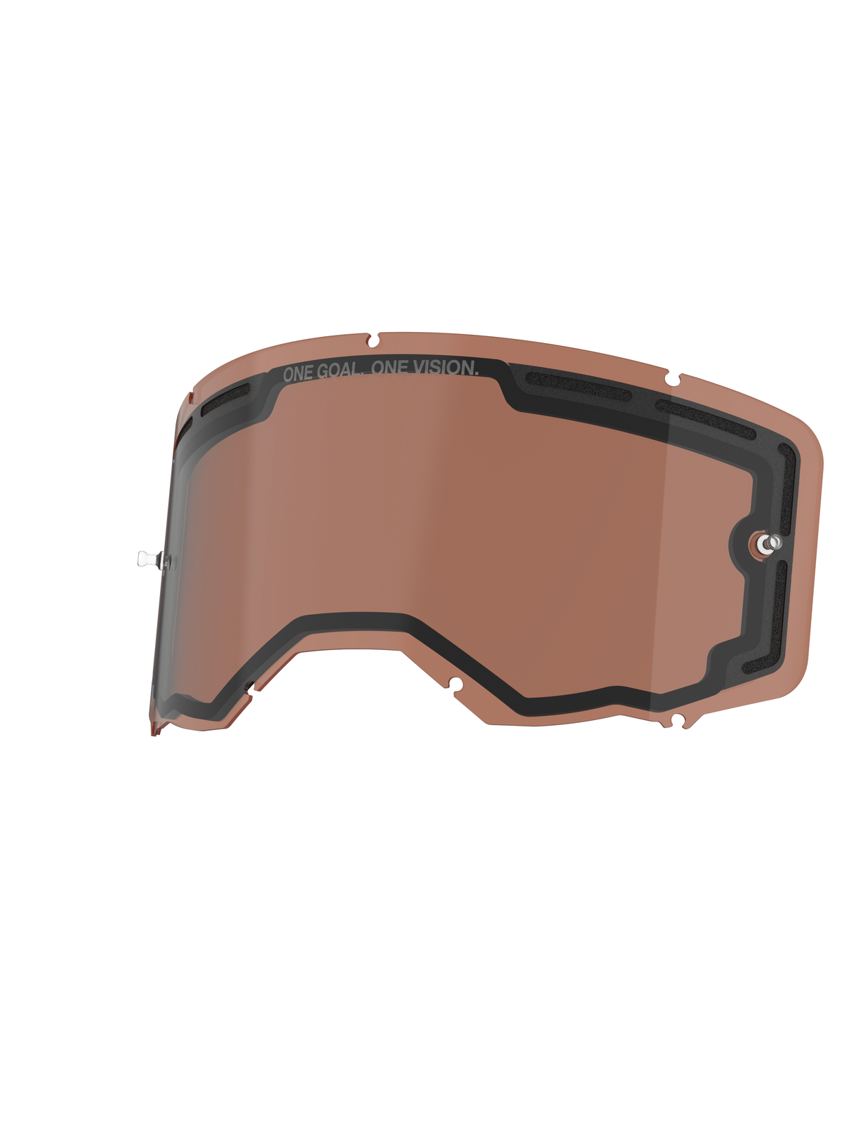 Alpinestars Vision 8-5-3 dubbelgelaagde lens, vervangende lens voor motorbril, Copper Rose, geventileerd dubbelwandig ontwerp met zwarte afdichting, voorzien van 'ONE GOAL. ONE VISION.' branding en geïntegreerde tear-off posts, duurzaam polycarbonaat voor off-road prestaties.