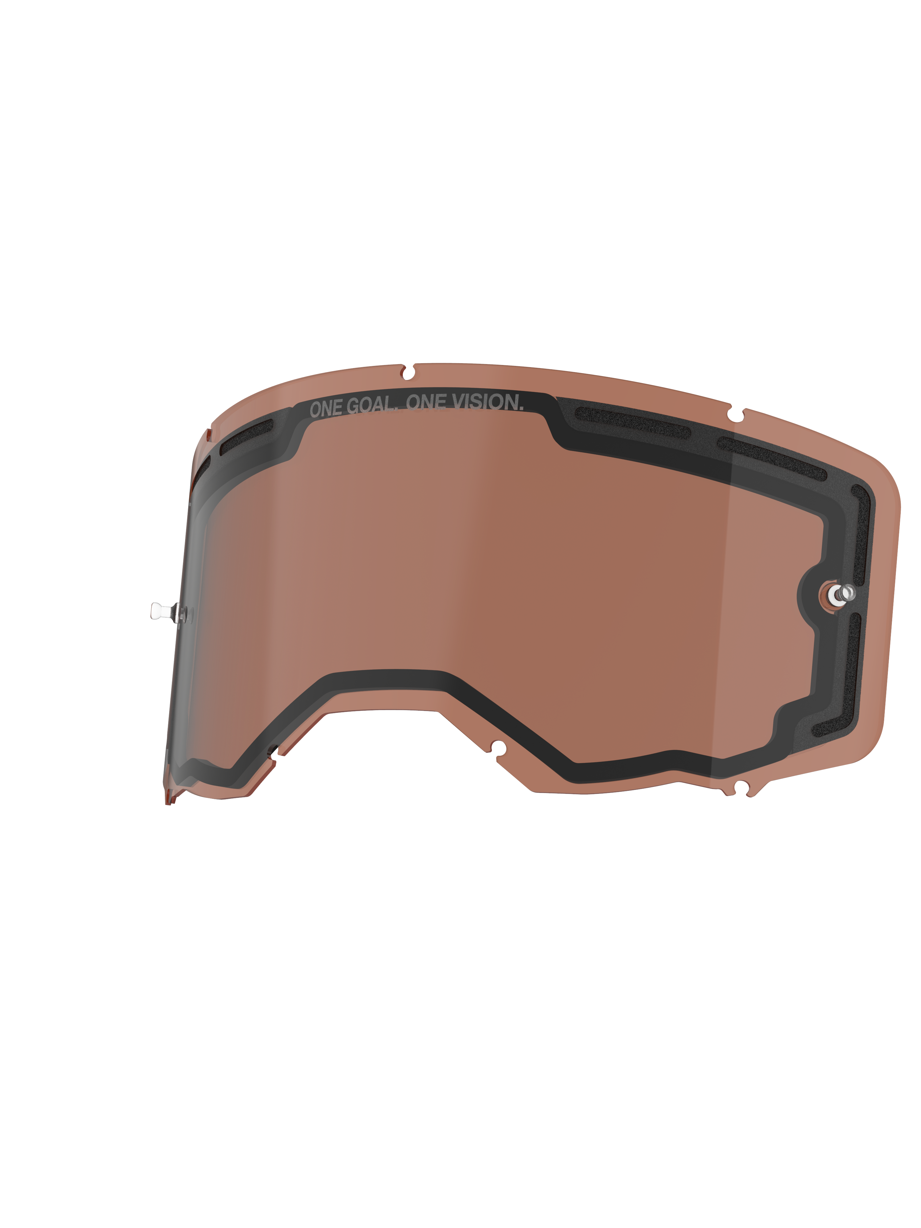 Alpinestars Vision 8-5-3 dubbelgelaagde lens, vervangende lens voor motorbril, Copper Rose, geventileerd dubbelwandig ontwerp met zwarte afdichting, voorzien van 'ONE GOAL. ONE VISION.' branding en geïntegreerde tear-off posts, duurzaam polycarbonaat voor off-road prestaties.