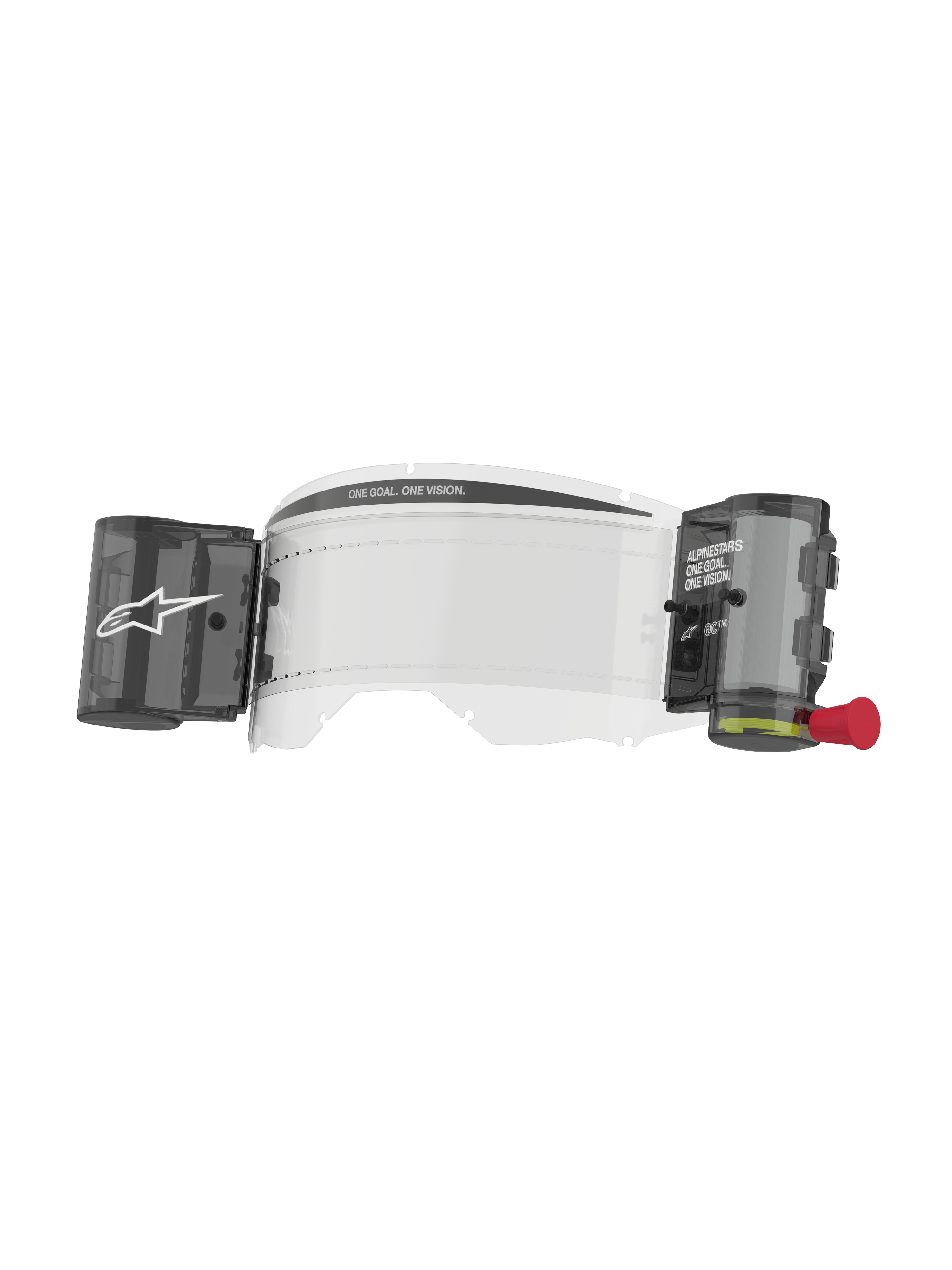 Alpinestars Vision 8-5-3 Roll Film Kit, transparante lens voor crossbril, geïntegreerd wide vision roll-off systeem met rookkleurige canisters, rode trekknop, voorzien van 'ONE GOAL. ONE VISION.' branding, essentieel motorcross accessoire voor helder zicht