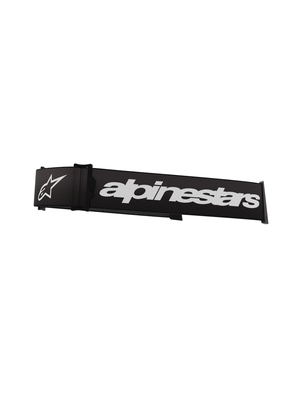 Alpinestars Supertech Goggles Strap, zwart en wit, voorzien van een opvallend wit Alpinestars-woordmerk en sterlogo, 45mm vervangende band voor crossbrillen met siliconen grip en klikbevestiging