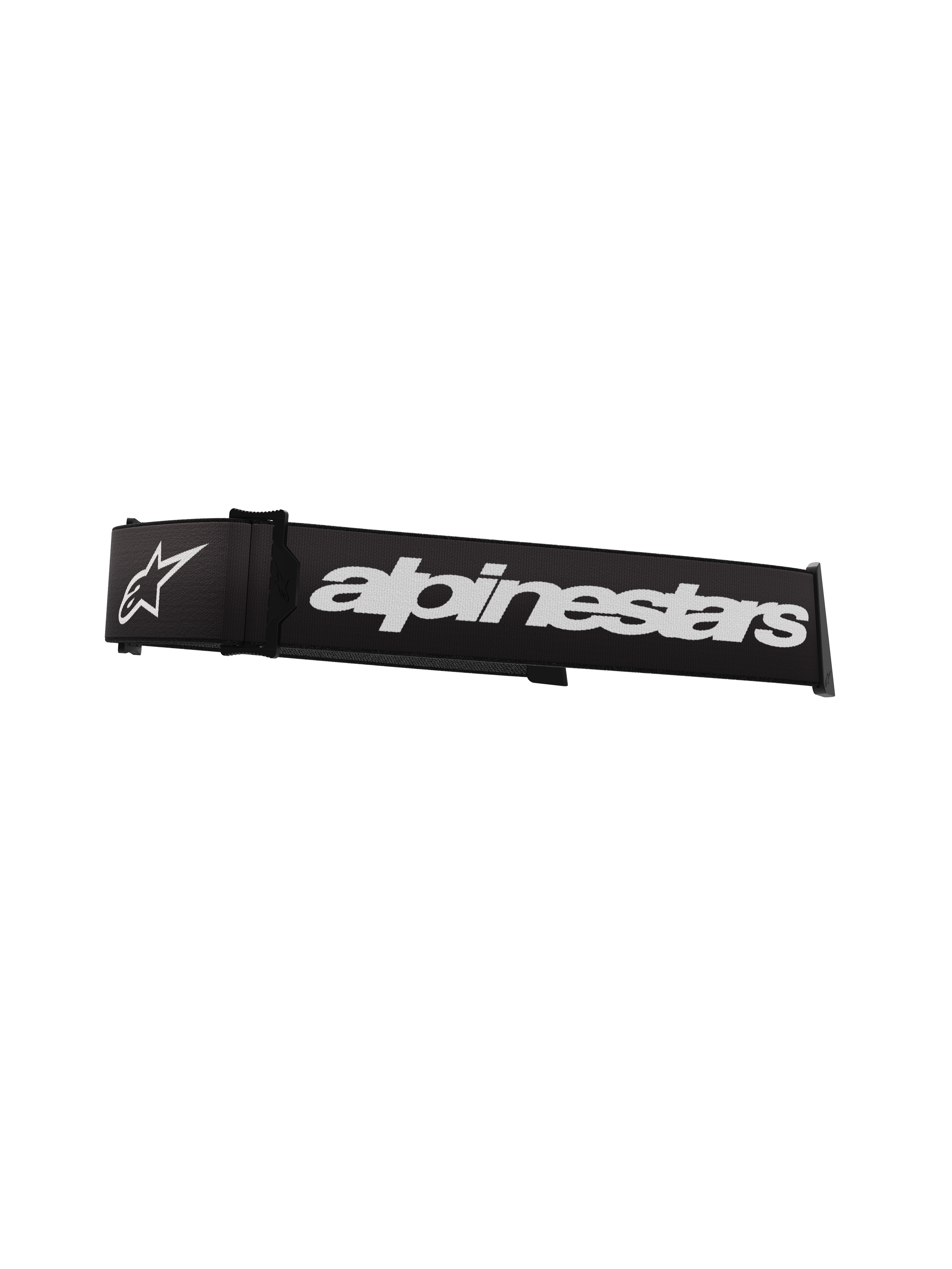 Alpinestars Supertech Goggles Strap, zwart en wit, voorzien van een opvallend wit Alpinestars-woordmerk en sterlogo, 45mm vervangende band voor crossbrillen met siliconen grip en klikbevestiging