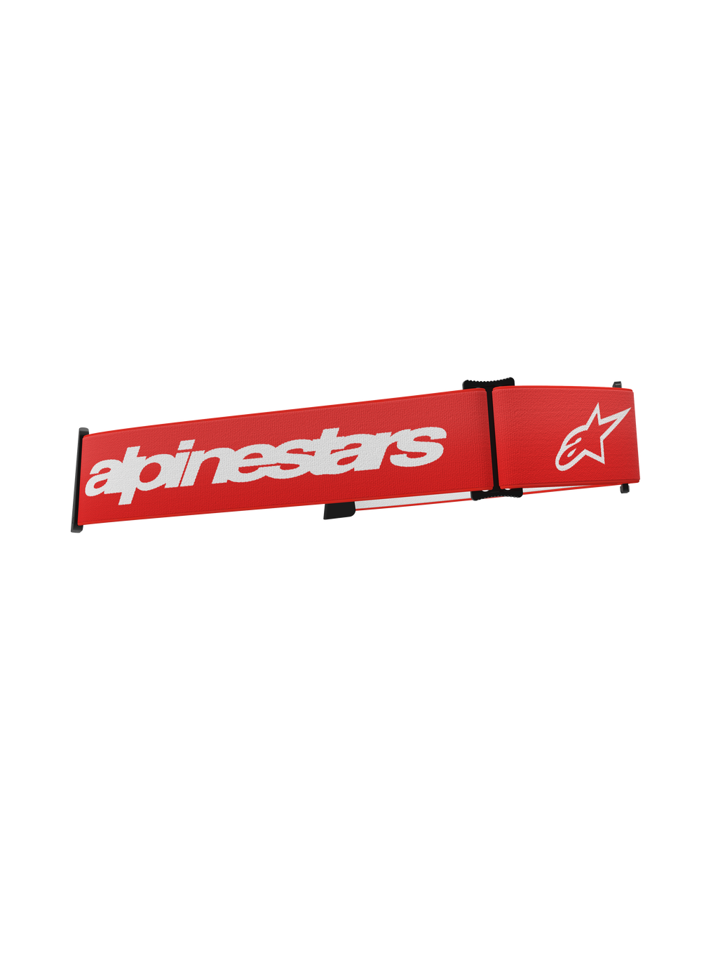 Alpinestars Supertech Goggles Strap, rode vervangende crossbrilband met wit Alpinestars-logo en tekst, voorzien van zwarte verstelbare clips en geweven elastische stof.