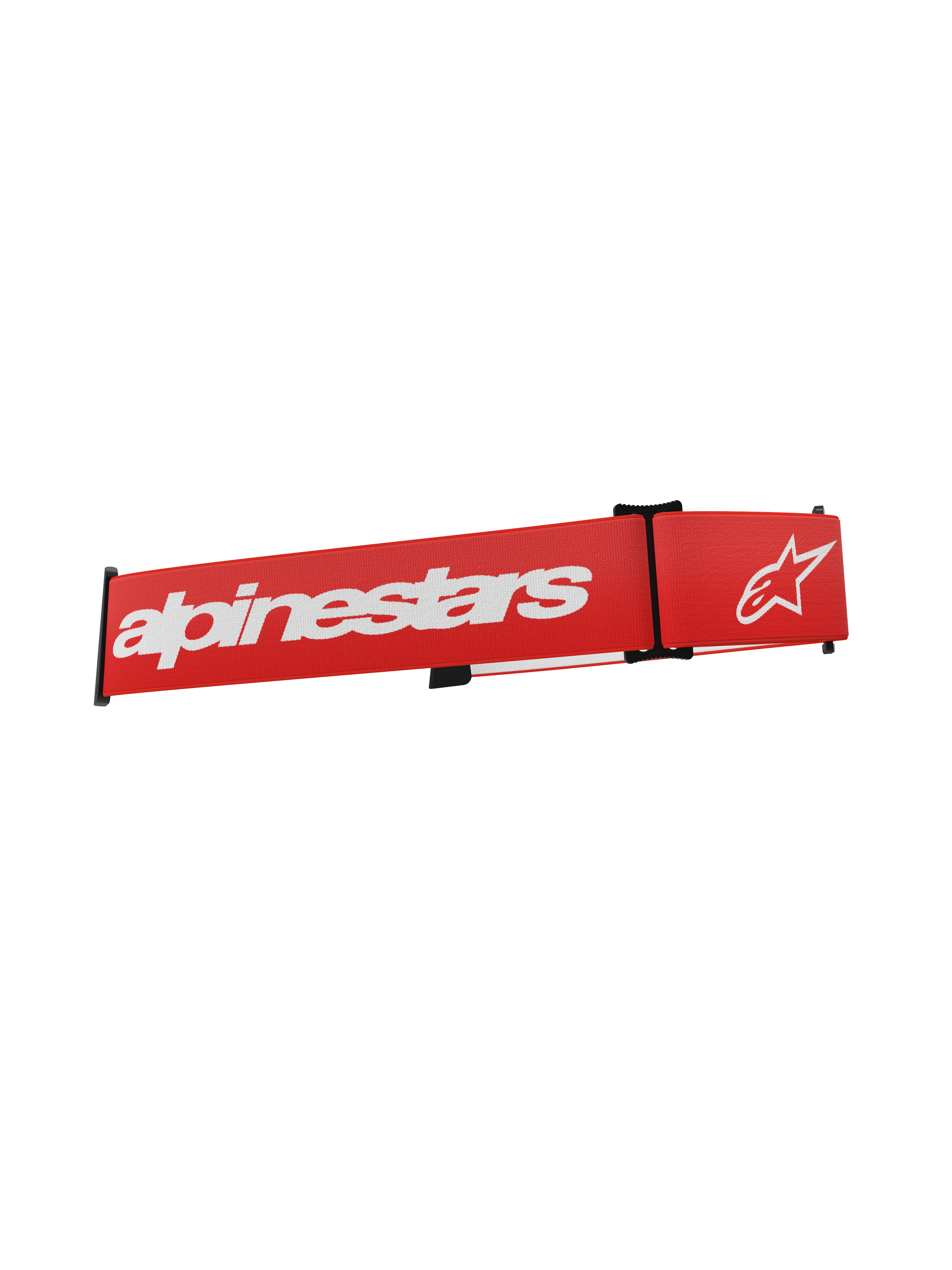 Alpinestars Supertech Goggles Strap, rode vervangende crossbrilband met wit Alpinestars-logo en tekst, voorzien van zwarte verstelbare clips en geweven elastische stof.