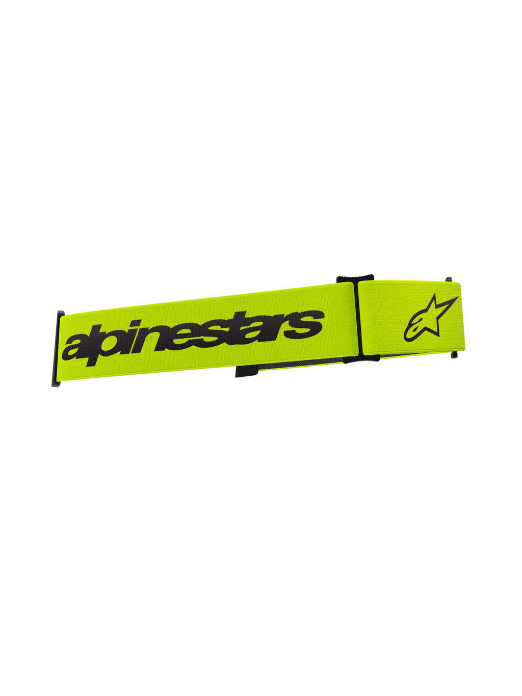 Alpinestars Supertech brilband, motorcrossbril accessoire, fluorescerend geel en zwart, voorzien van zwart Alpinestars woordmerk en sterlogo, vervangende band voor off-road brillen