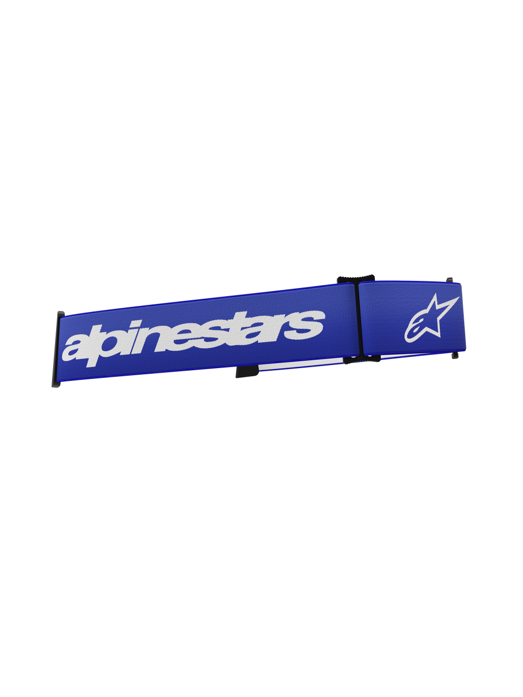 Alpinestars Supertech Goggles Strap, motorcross bril accessoire, blauw en wit, met opvallende witte Alpinestars tekst en ster-logo op een blauwe geweven band, vervangende band met klik-bevestiging voor off-road racen.
