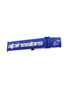 Alpinestars Supertech Goggles Strap, motorcross bril accessoire, blauw en wit, met opvallende witte Alpinestars tekst en ster-logo op een blauwe geweven band, vervangende band met klik-bevestiging voor off-road racen.