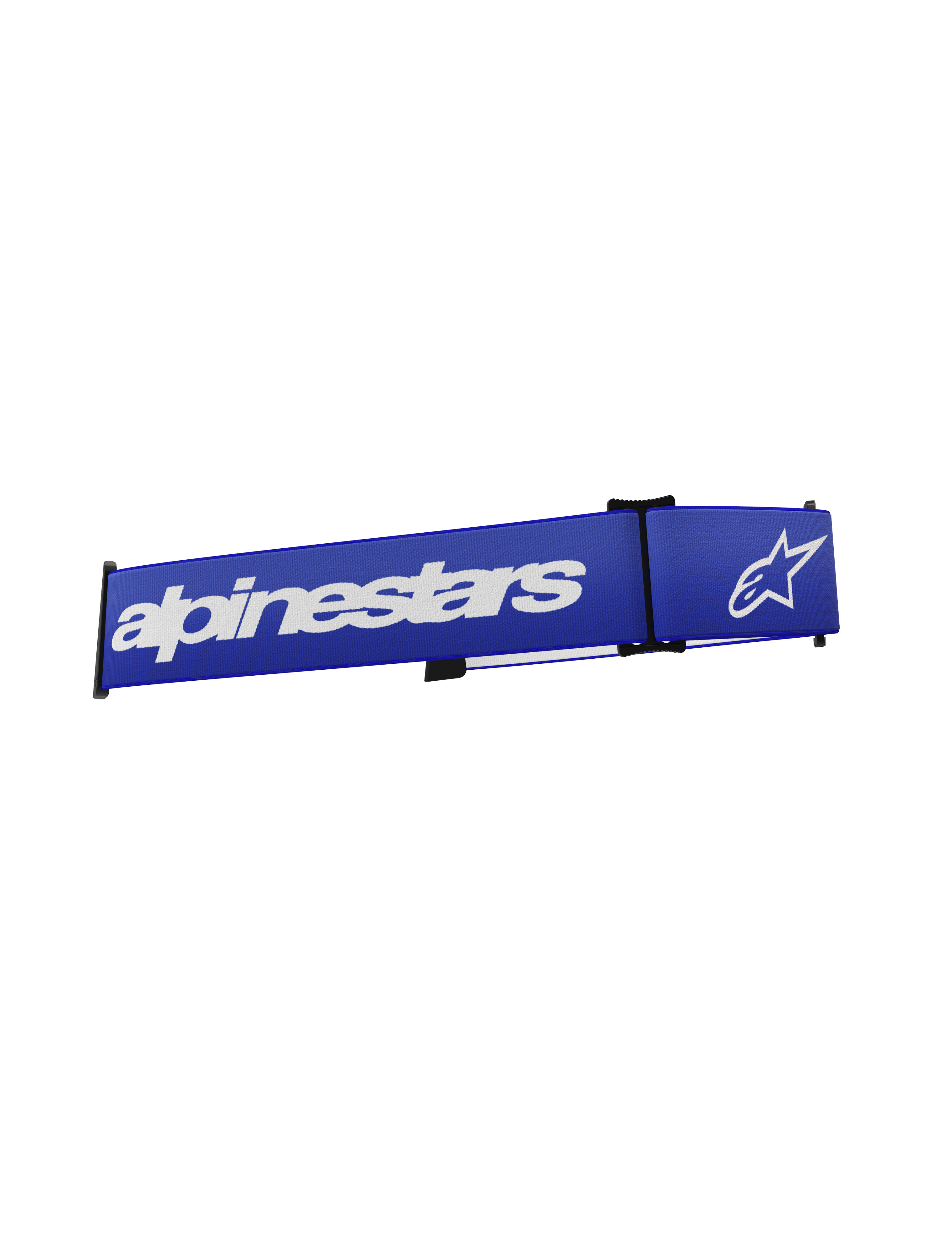 Alpinestars Supertech Goggles Strap, motorcross bril accessoire, blauw en wit, met opvallende witte Alpinestars tekst en ster-logo op een blauwe geweven band, vervangende band met klik-bevestiging voor off-road racen.