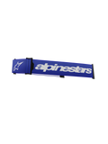 Alpinestars Supertech Goggles Strap, vervangende band voor motorcrossbril, blauw en wit, opvallend wit Alpinestars-woordmerk en sterlogo, zwarte ISP-wig en framebevestigingsclips, duurzame geweven textuur