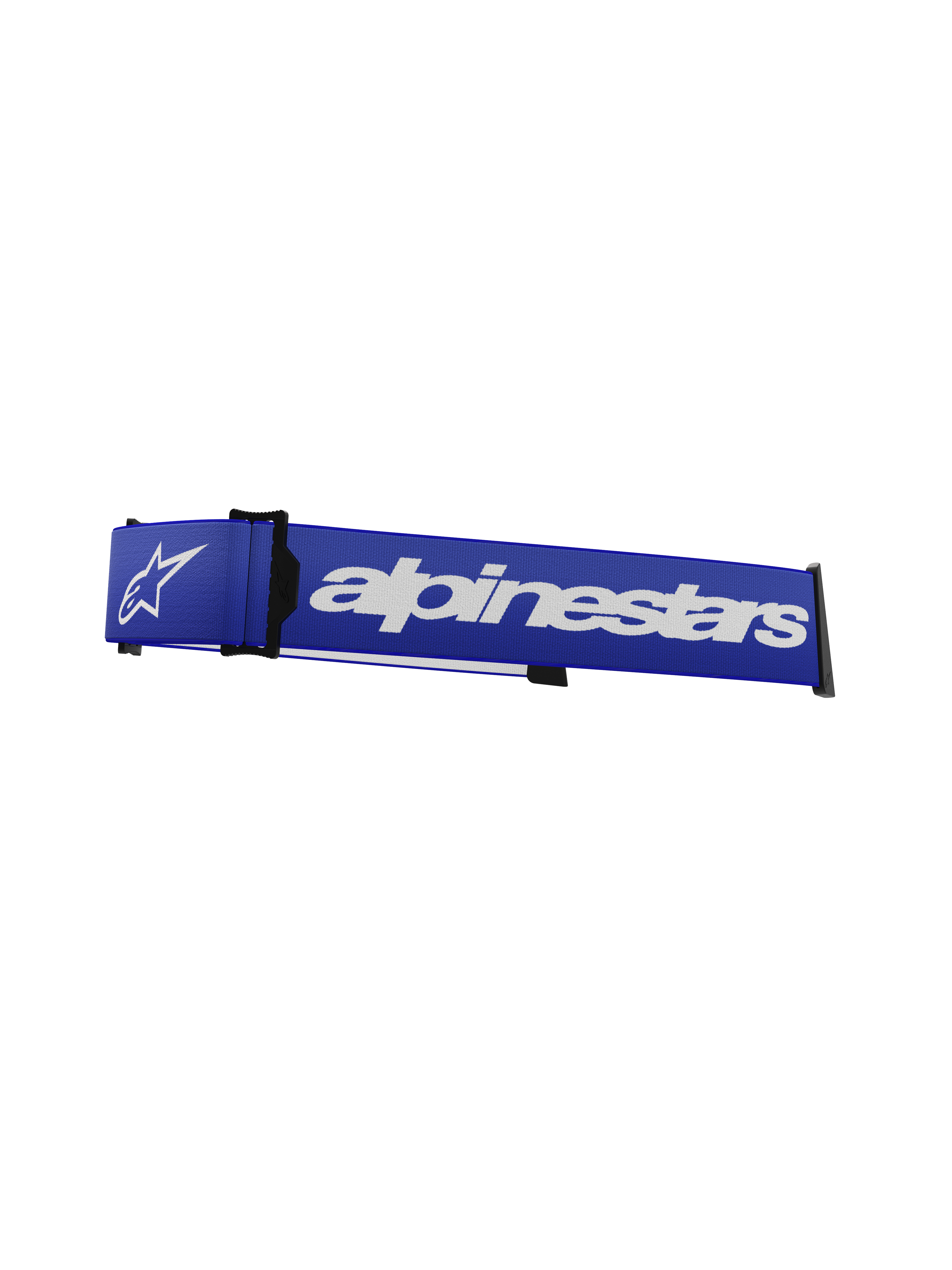 Alpinestars Supertech Goggles Strap, vervangende band voor motorcrossbril, blauw en wit, opvallend wit Alpinestars-woordmerk en sterlogo, zwarte ISP-wig en framebevestigingsclips, duurzame geweven textuur