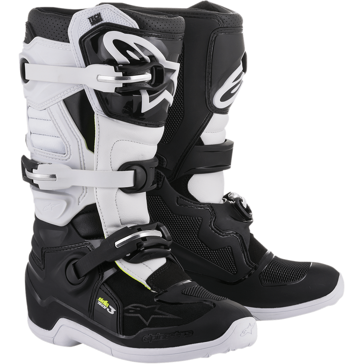 Alpinestars Stella Tech 3 dameslaarzen, motorcross off-road laarzen, zwart en wit, voorzien van een sluitingssysteem met drie gespen, witte TPU-scheenplaten met Alpinestars-branding, zwart microvezel bovenwerk met witte panelen, witte zolen, beschermend performance-schoeisel voor vrouwelijke rijders