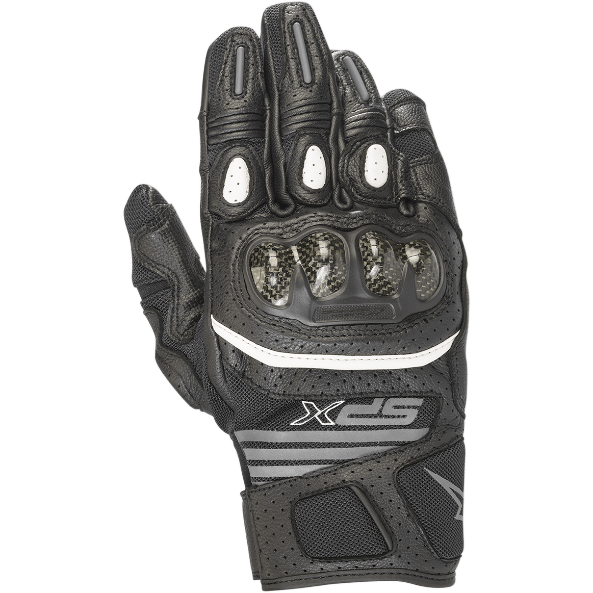 Alpinestars SPX Air Carbon V2 dameshandschoenen, korte motorhandschoenen, zwart en antraciet, carbon knokkelbescherming, geperforeerd leer en mesh panelen voor ventilatie, witte accentstreep, SPX-branding
