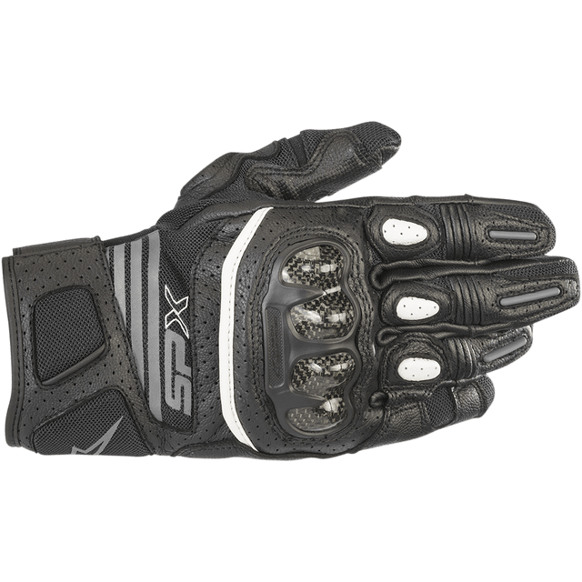 The Women's SPX Air Carbon V2 Gloves by Alpinestars EU in Black/Anthracite are showcased. These CE-certified gloves feature durable mesh and leather materials, carbon fiber knuckle protection, adjustable wrist strap, and reinforced areas for enhanced protection and comfort. They also include touchscreen-compatible fingertips, making them ideal for safety while riding.