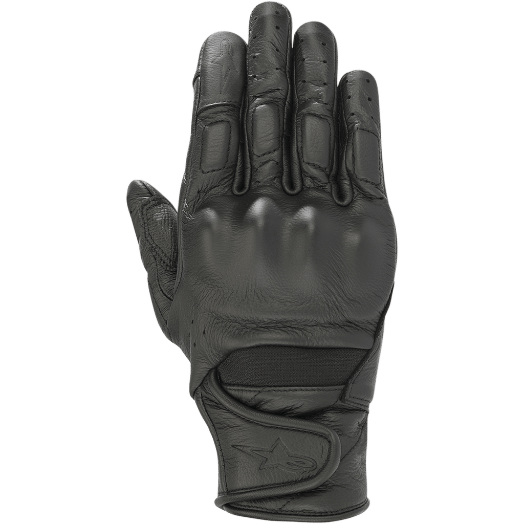 Alpinestars Stella Vika V2 handschoenen, dames motorhandschoenen, zwart leer, geperforeerde vingers voor ventilatie, visco-elastische knokkelbescherming, korte manchet met klittenbandsluiting en sterlogo