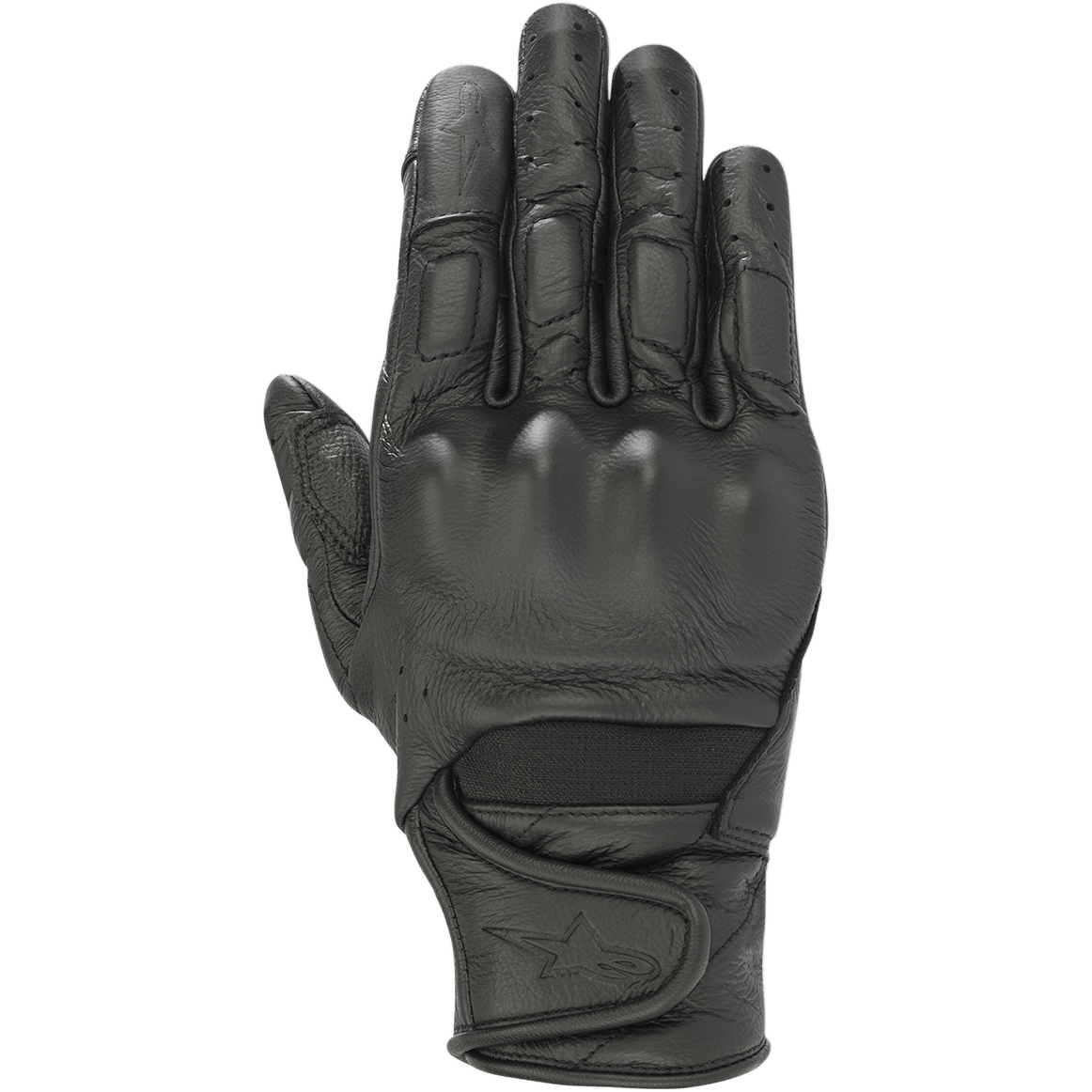 Alpinestars Stella Vika V2 handschoenen, dames motorhandschoenen, zwart leer, geperforeerde vingers voor ventilatie, visco-elastische knokkelbescherming, korte manchet met klittenbandsluiting en sterlogo