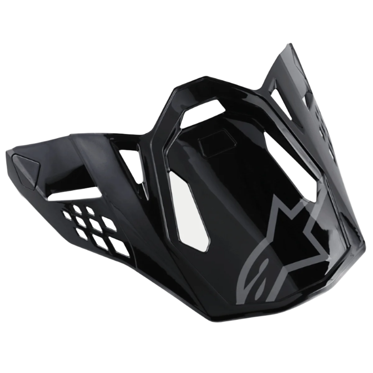 Alpinestars S-M8 helmvizier Radium, glanzend zwarte motorhelmklep met grijs Alpinestars-logo, voorzien van aerodynamische hoekige uitsnedes en scherpe randen, moderne racestijl voor off-road helmen