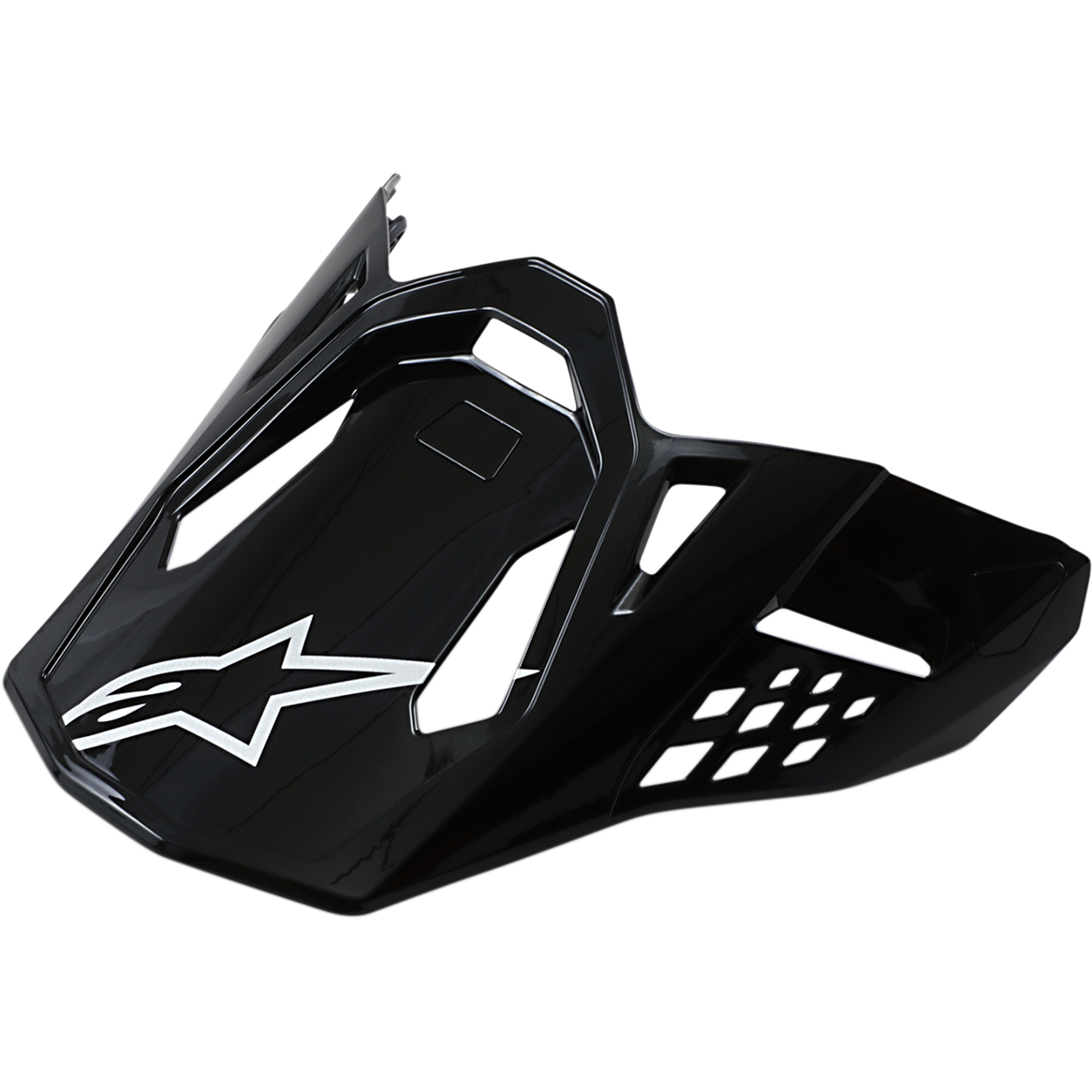 Alpinestars Supertech M10/M8 vizier, motorcross helmvizier, glanzend zwart met wit sterlogo, aerodynamisch ontwerp met ventilatieopeningen