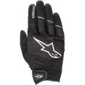 Alpinestars Atom handschoenen, lichtgewicht motorhandschoenen, zwart en wit, voorzien van een groot wit sterlogo op de rug van de hand, mesh-panelen voor ventilatie, gevoerde knokkels en een stevige klittenbandsluiting bij de pols