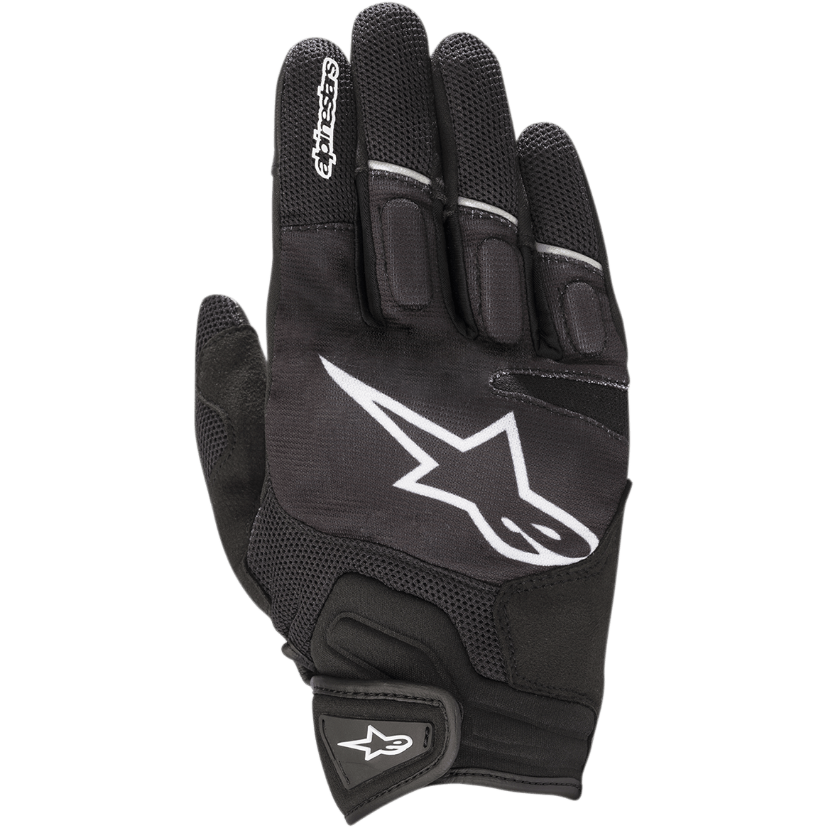 Alpinestars Atom handschoenen, lichtgewicht motorhandschoenen, zwart en wit, voorzien van een groot wit sterlogo op de rug van de hand, mesh-panelen voor ventilatie, gevoerde knokkels en een stevige klittenbandsluiting bij de pols